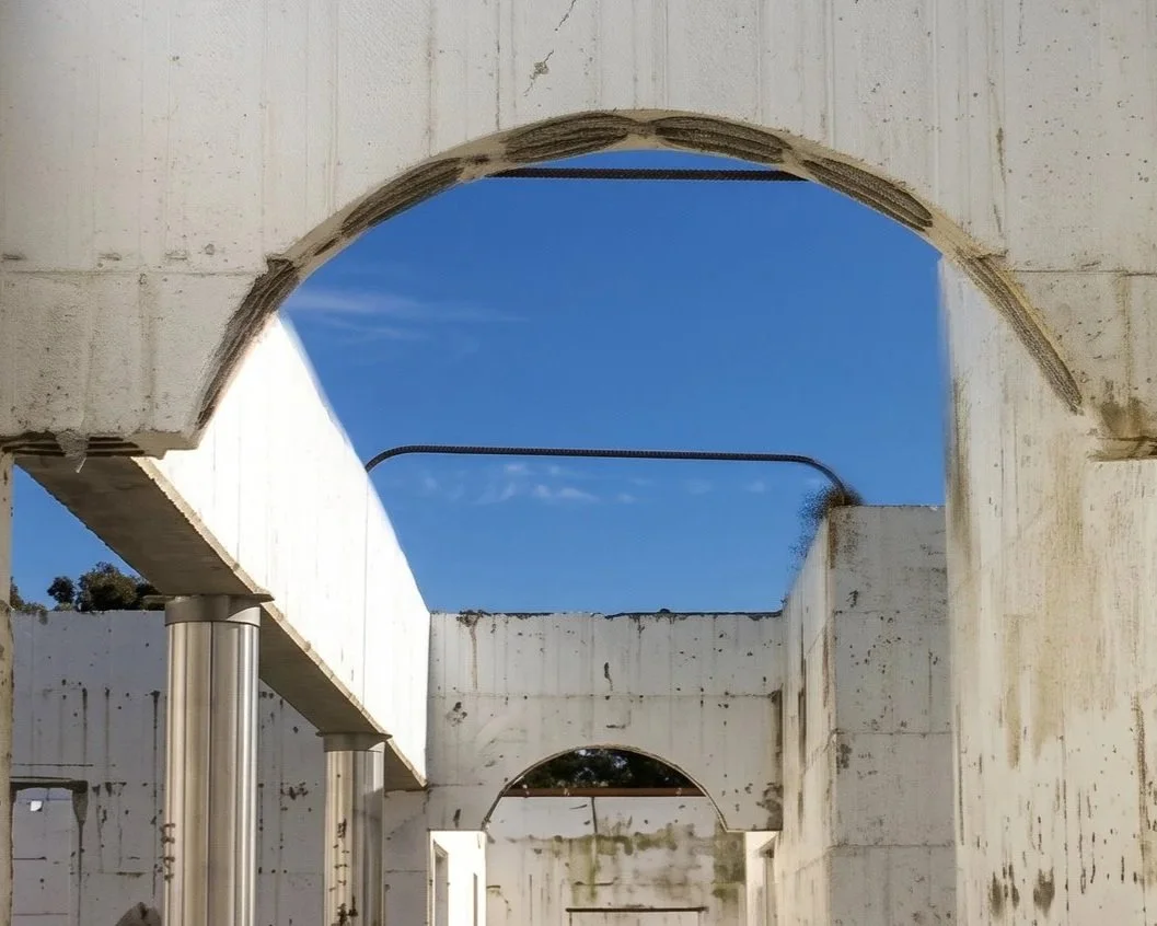 View of a building under construction with concrete walls and arches, metal support columns, and a clear blue sky in the background.