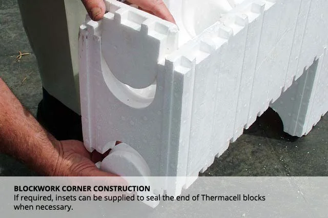 A person holding a piece of white insulating foam block with a semicircular cutout, used in blockwork corner construction, with text about sealing Thermacell blocks.