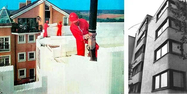 Two construction workers dressed in red working on a building roof, with a residential building in the background and a black-and-white image of a multi-story building with balconies on the right.