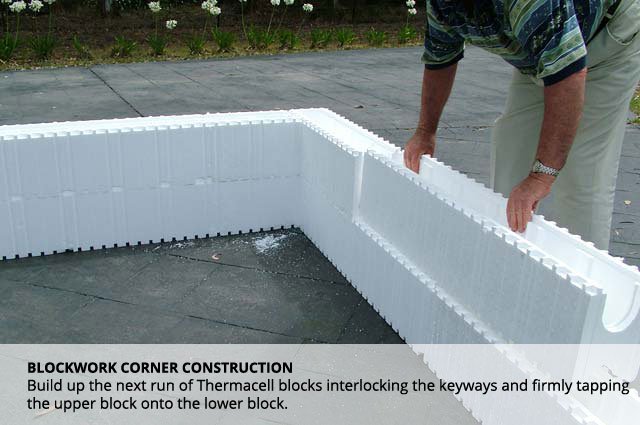A person assembling large white interlocking Thermacell blocks for corner construction outdoors on a paved surface, with some greenery and flowers in the background