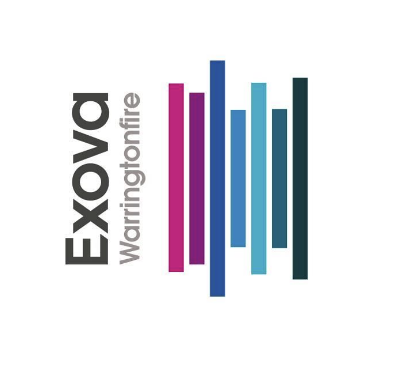 Stylized logo with vertical bars in pink, purple, blue, and green, accompanied by the text "Exova Warringto" in bold black font.