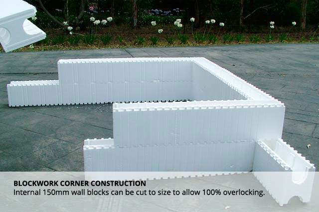 White foam wall blocks stacked in a rectangular shape outdoors, with a garden border in the background.