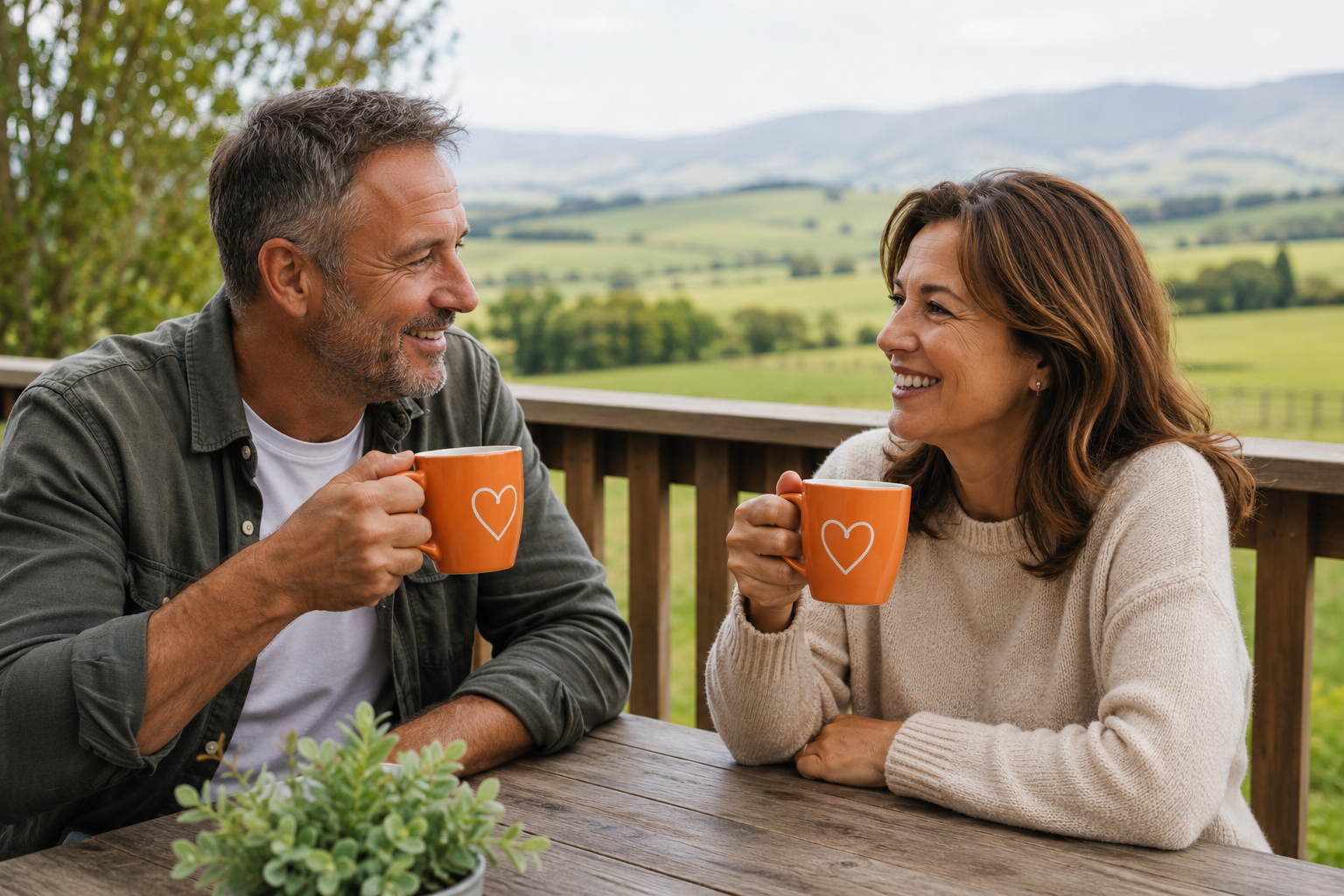 A middle-aged man and woman sitting at an outdoor table, smiling and holding orange mugs with white heart designs, with a scenic countryside view in the background.