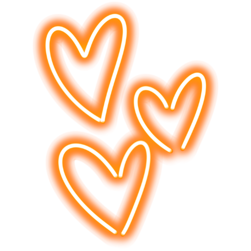 Three glowing orange outlines of hearts on a white background.