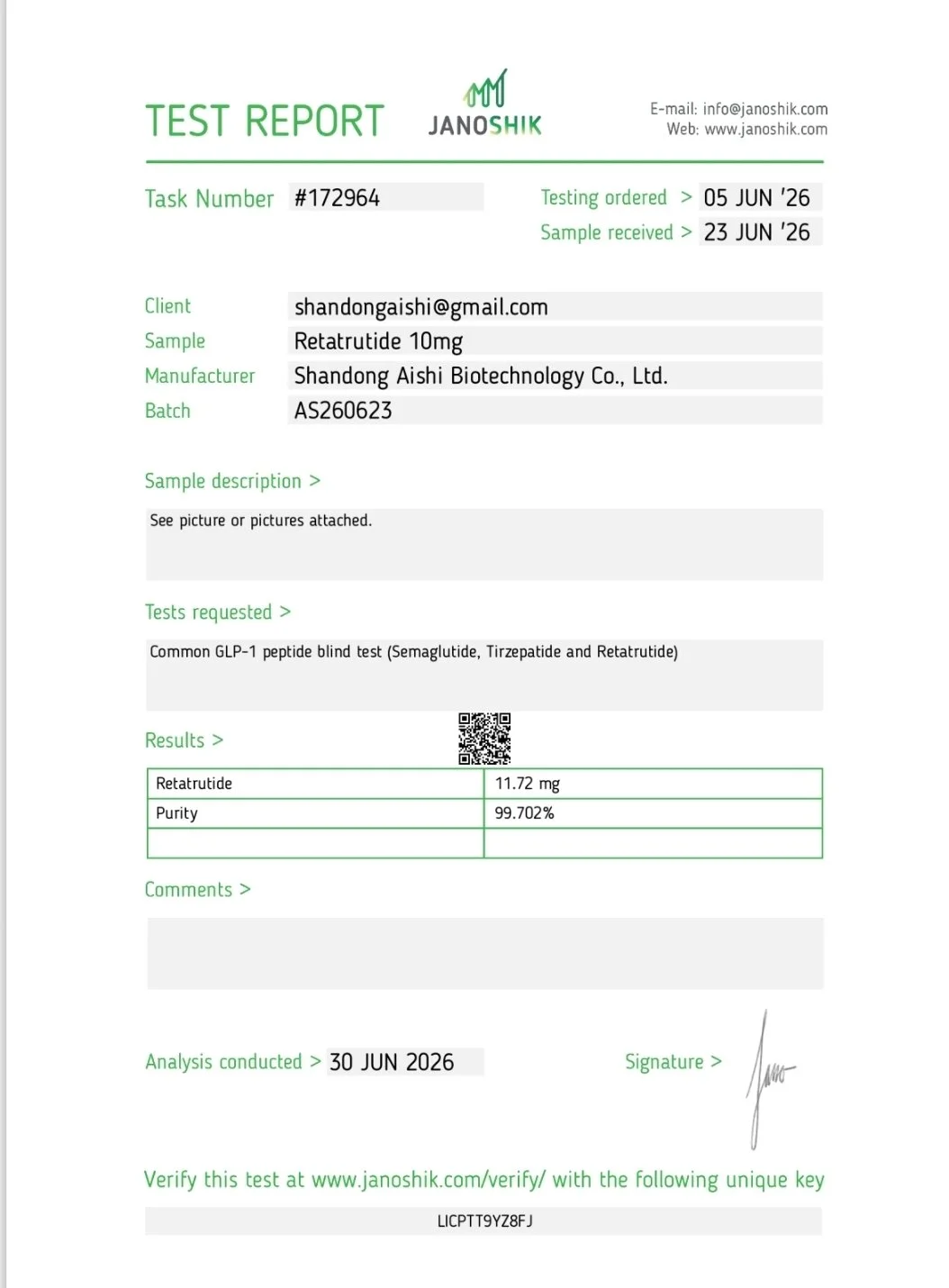Test report showing sample details, testing ordered and received dates, client email, sample description, test requested, results for Retetrutide and purity, analysis date, signature, and verification URL.