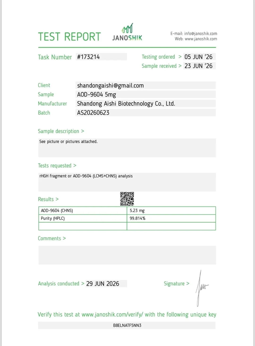 Laboratory test report for a sample from Shandong Aishi Biotechnology Co., Ltd., with test results indicating AOD-9604 concentration of 5.23 mg and purity of 99.814%, issued by Janoshik.
