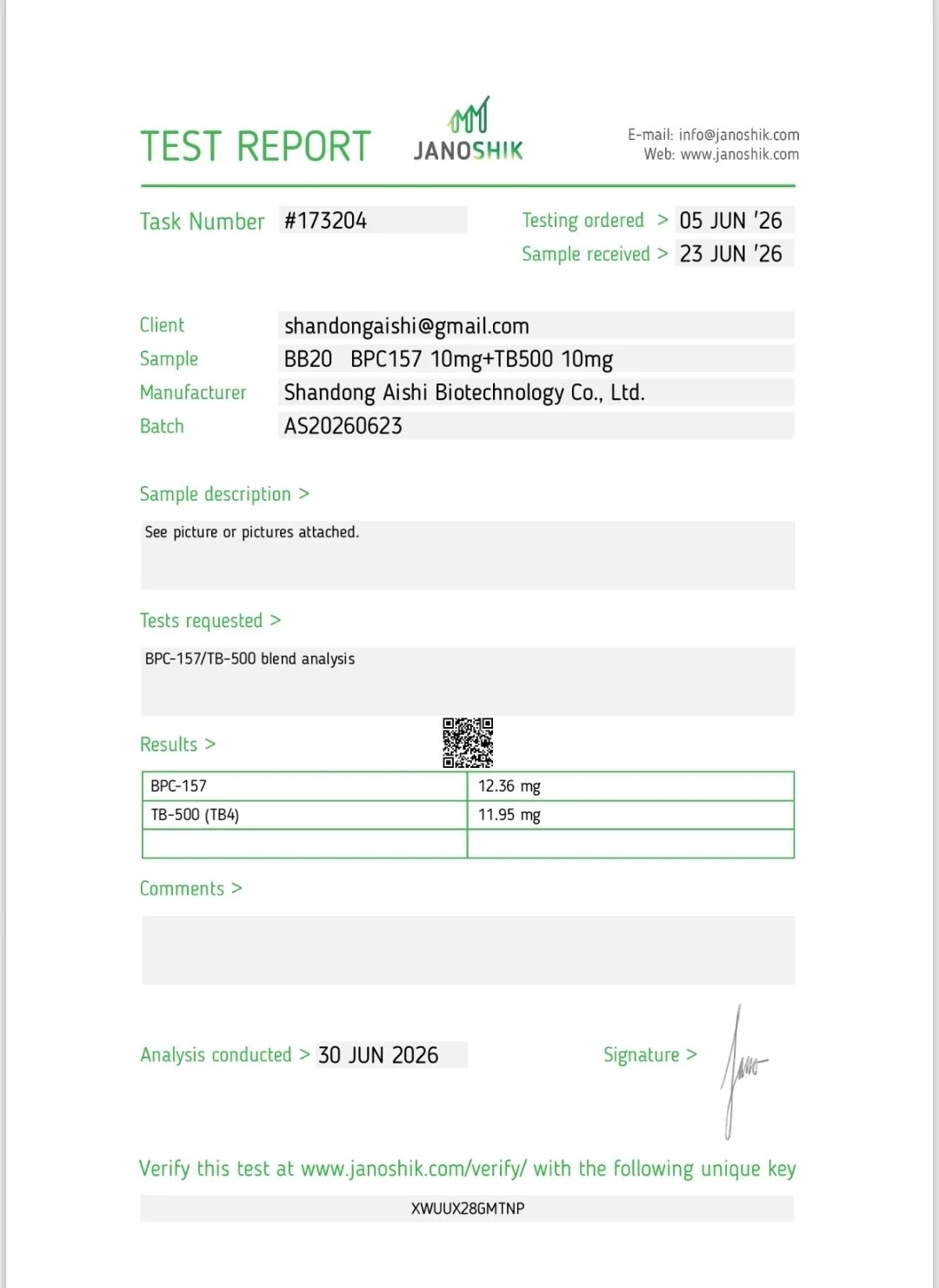 Laboratory test report showing sample details, analysis date, results for BPC-157 and TB-500, and a QR code.