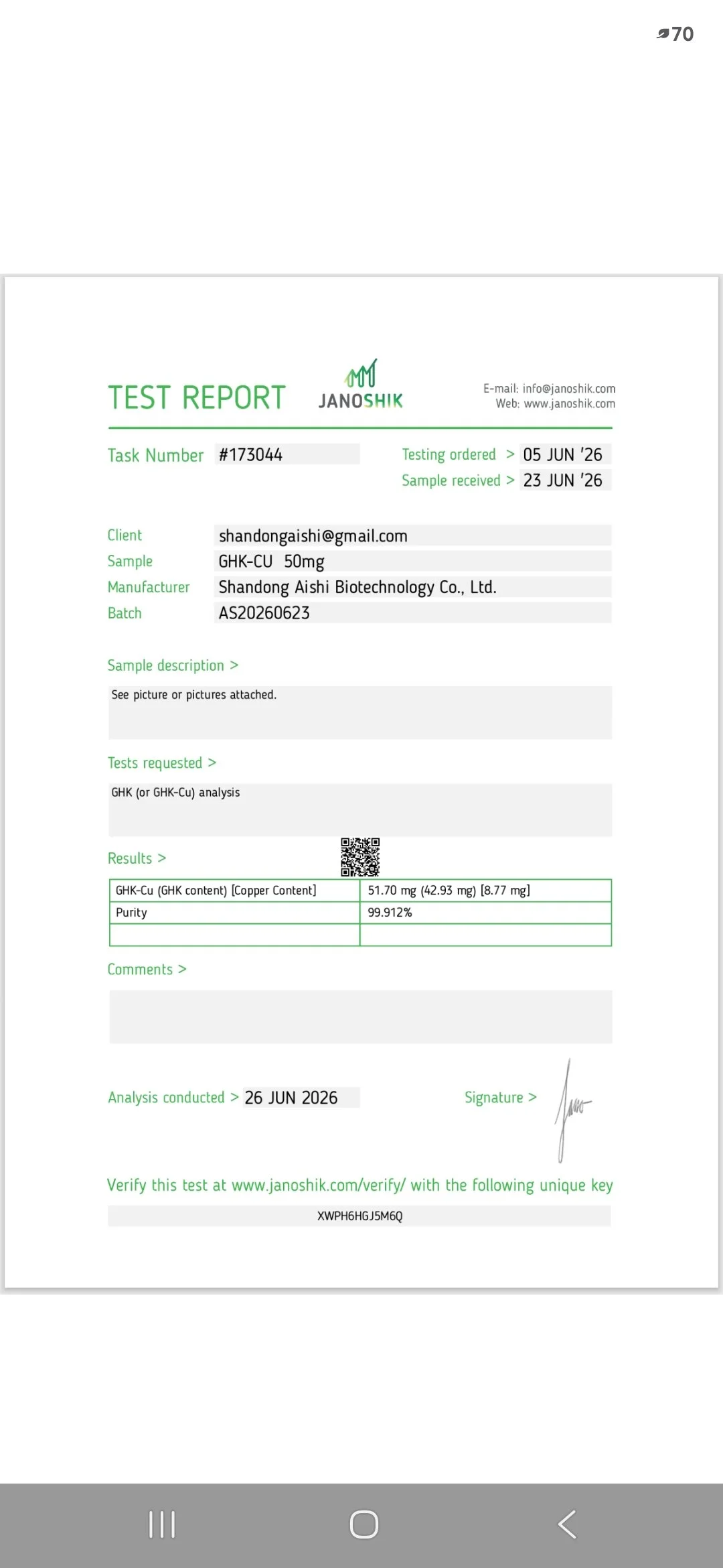 Laboratory test report showing copper content result of 51.70 mg in a sample from Shandong Aishi Biotechnology Co., Ltd., with a purity of 99.912%, dated June 26, 2026.