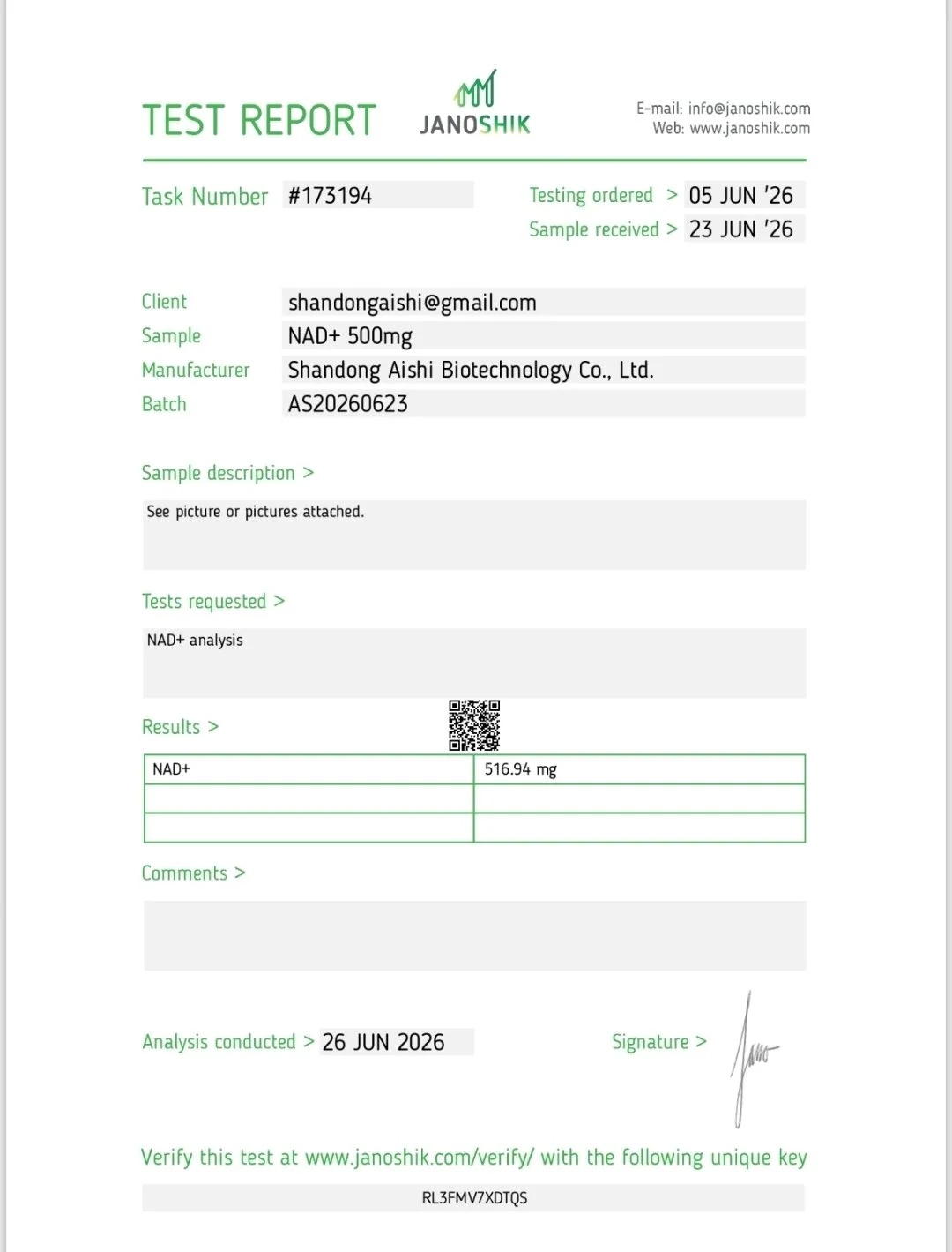 Laboratory report showing NAD+ level of 516.94 mg tested on June 26, 2026, for client shandonghaishi@gmail.com, manufactured by Shandong Aishi Biotechnology Co., Ltd.