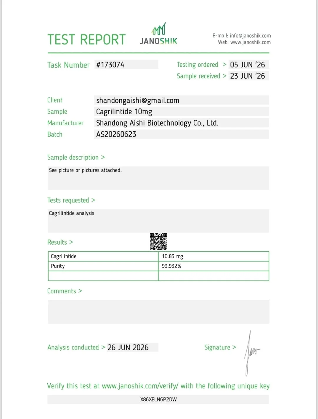 Laboratory test report for Cagrilintide 10mg from Shandong Aishi Biotechnology Co., Ltd., showing a cagrilintide level of 10.83 mg and purity of 99.932%, dated June 26, 2026.