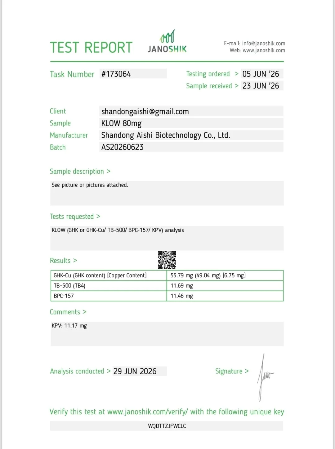 Test report document from Janoshik with laboratory analysis results for a sample of KLOW 80mg, including copper, TB-500, and BPC-157 levels, dated June 29, 2026.