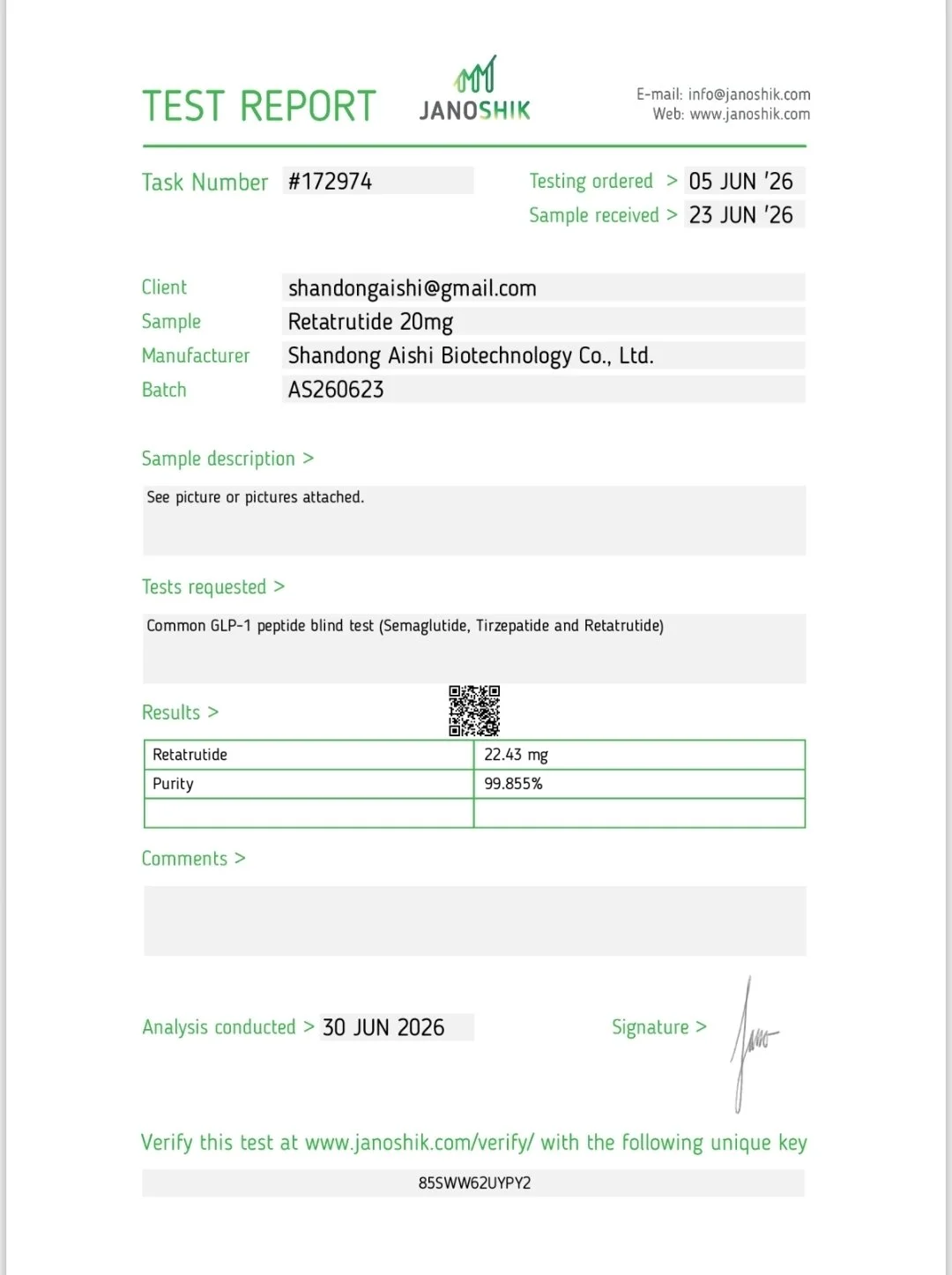 Laboratory test report showing results for Retatrutide 20mg, with a Retatrutide level of 22.43 mg and purity of 99.855%, issued by Shandong Aishi Biotechnology Co., Ltd., dated June 30, 2026.