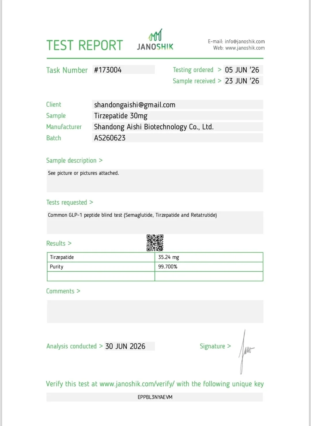 Laboratory test report for Tirzepatide 30mg showing a result of 35.24 mg with 99.7% purity, dated June 30, 2026, from Shandong Aishi Biotechnology Co., Ltd.