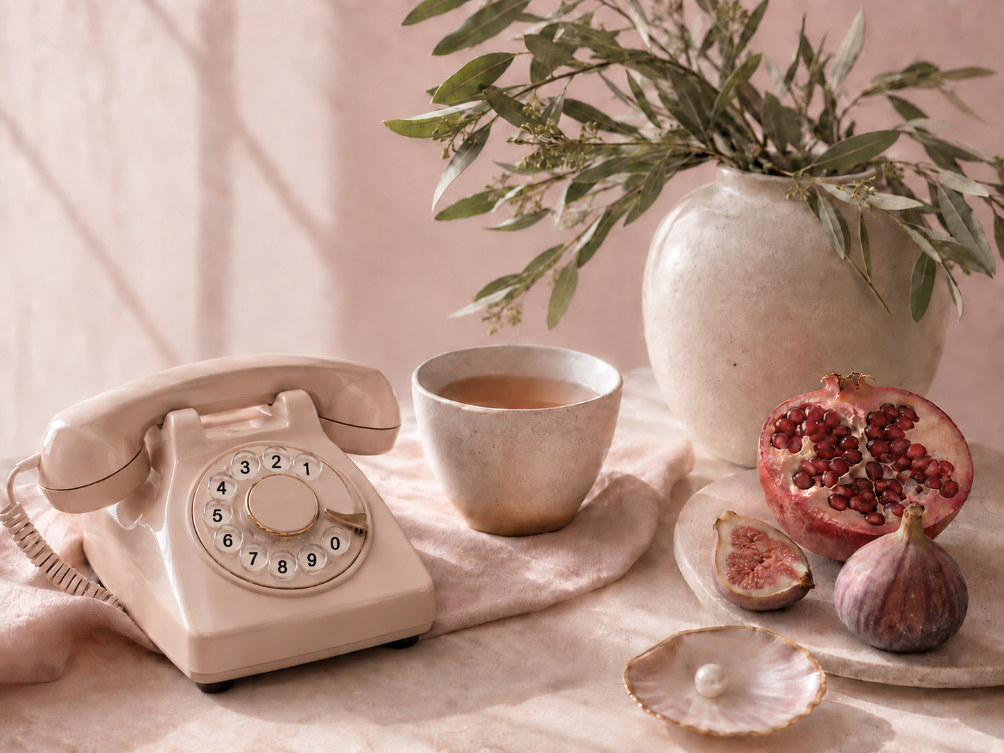 Vintage beige rotary telephone, a cup of tea, large vase with green leaves, half pomegranate, sliced fig and whole fig, pearl in small dish on soft pink cloth.