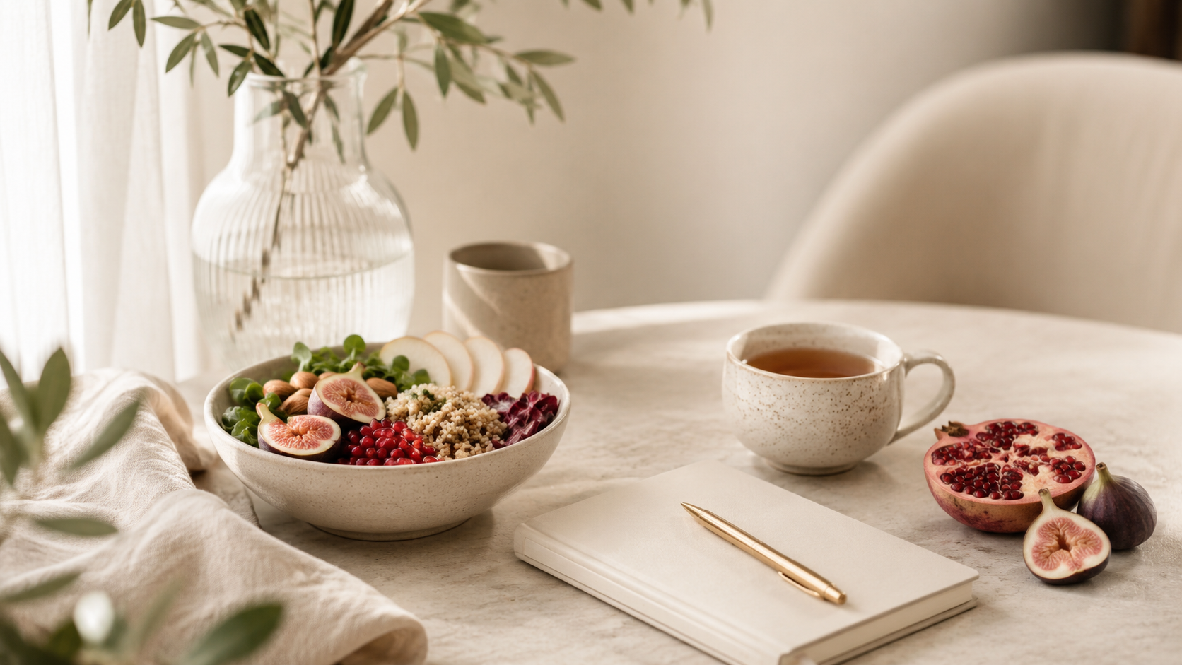 A cozy dining table with a bowl of fresh salad and fruits, a cup of tea, a notebook with a pen, and a halved pomegranate and fig on a beige tablecloth, with natural light coming through curtains.