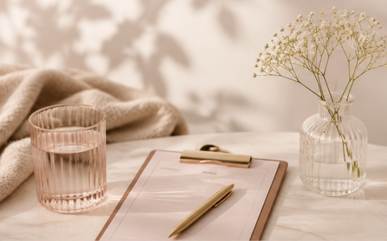 A clear glass of water, a notepad with a gold pen, a beige blanket, and a small vase with white baby's breath flowers on a white marble surface.