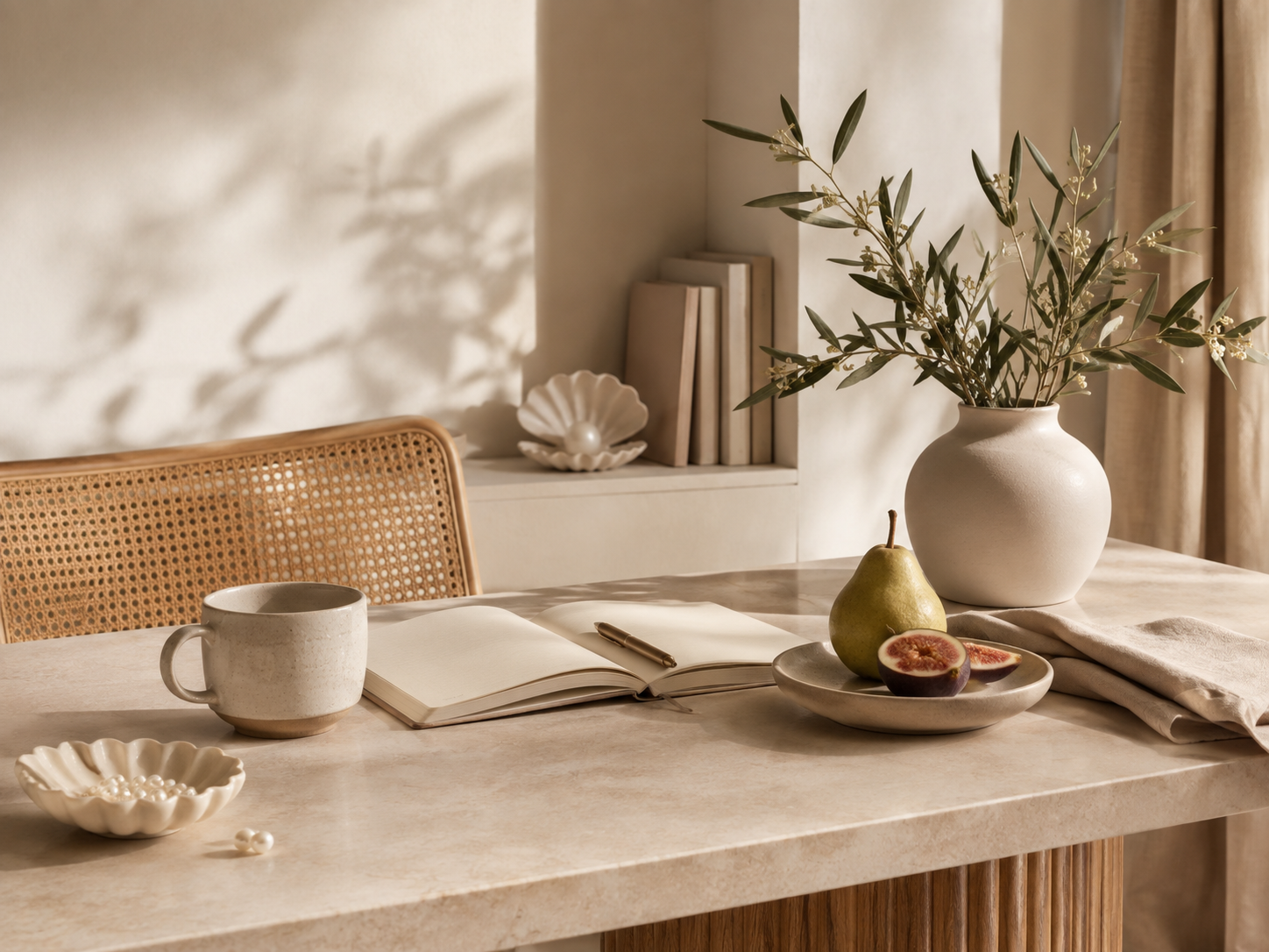 A cozy kitchen or dining area with a beige marble countertop, a white vase with green foliage, a plate with a pear and halved figs, an open notebook with a pen, a ceramic mug, and a decorative shell-shaped dish with small pearls. Sunlight creates shadows on the wall.