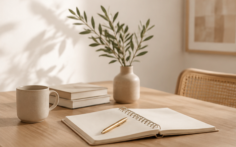 A wooden desk with an open notebook and gold pen, a beige ceramic mug, a stack of books, and a vase with green leafy branches, in a cozy room with bright lighting and wall art.