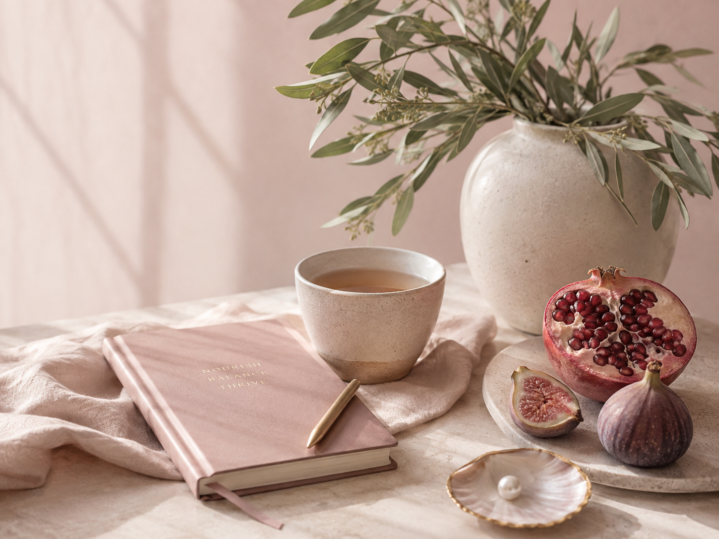 A still life arrangement featuring a pink notebook with gold lettering, a beige pen, a ceramic cup of tea, a vase with green leafy branches, a halved pomegranate, a halved fig, a whole fig, an empty shell with a pearl, all placed on a light fabric surface with a soft background.