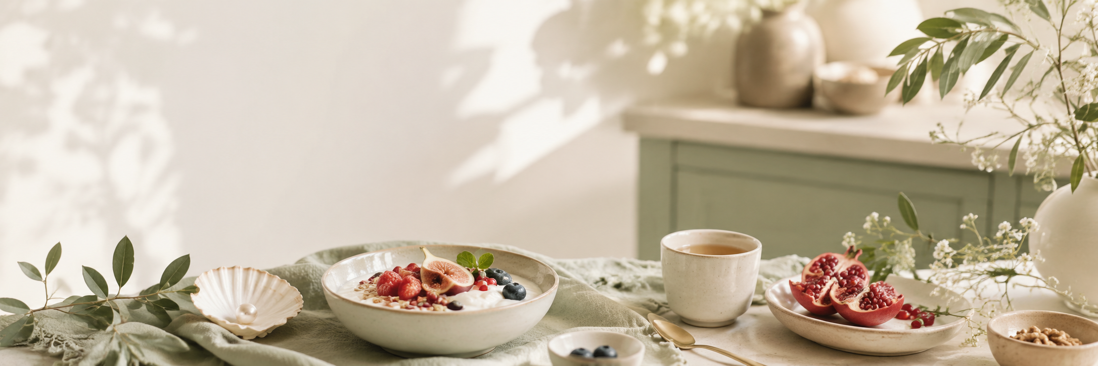 A breakfast table with bowls of fresh berries, figs, and granola, along with a cup of tea and a small dish of nuts, decorated with green leaves and white flowers, in a light-filled room.
