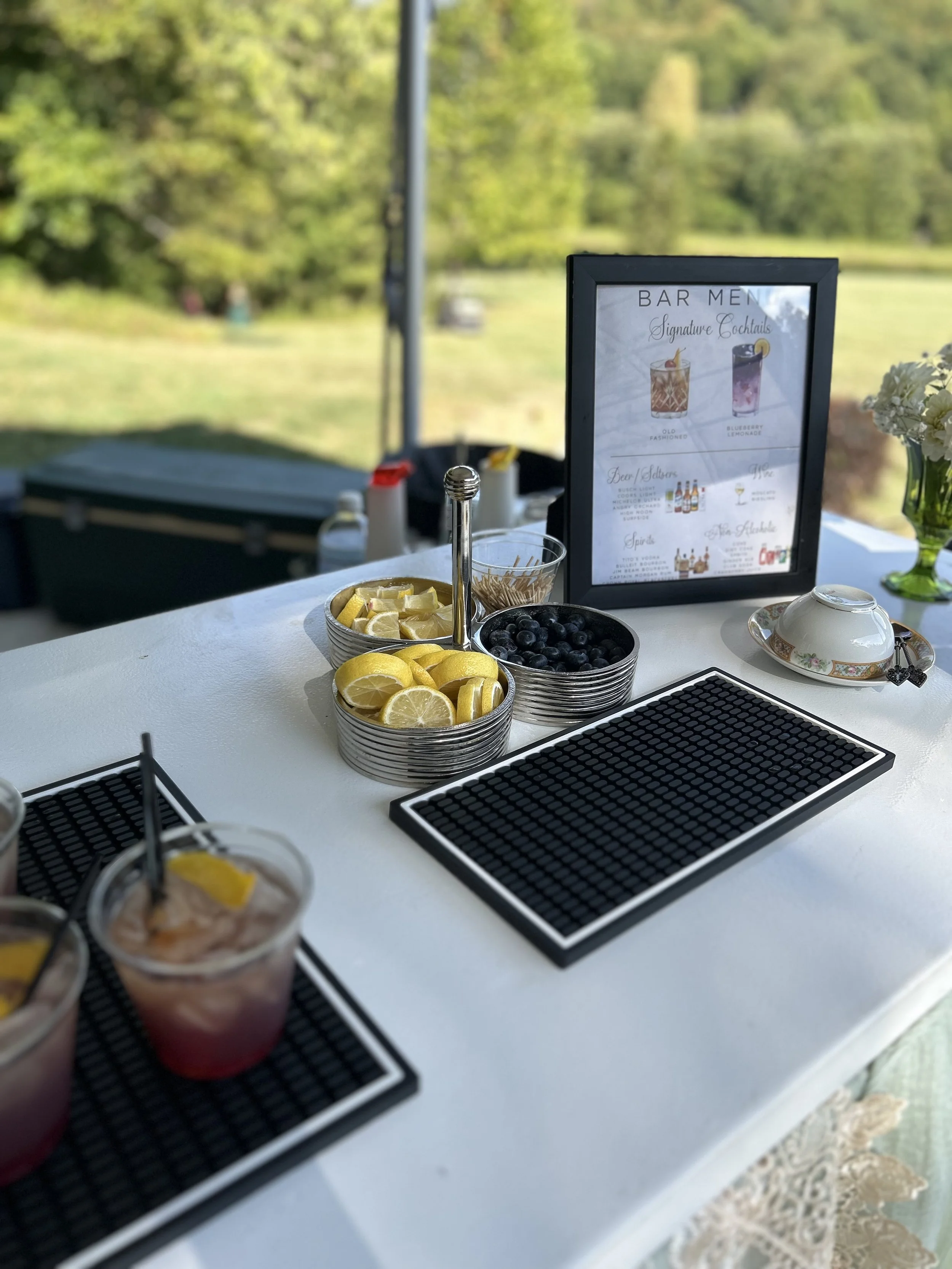 Outdoor bar setup with drinks, lemon wedges, blueberries, and a menu display on a table, with a scenic green landscape in the background.