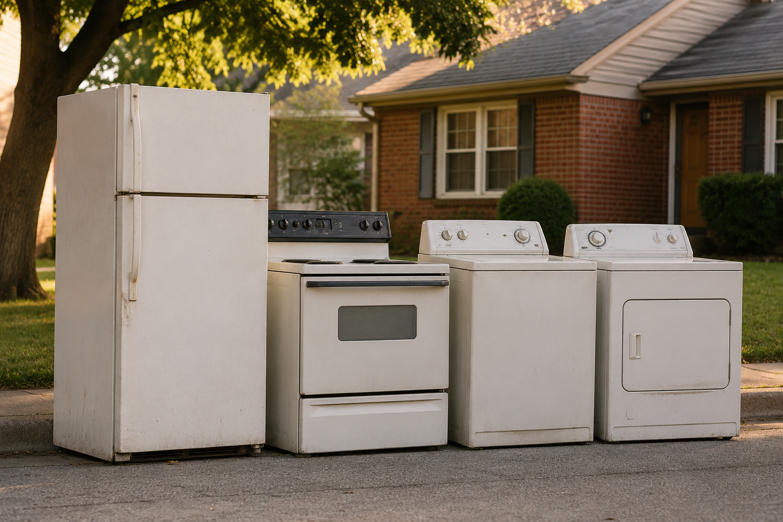 Four household appliances on curb: refrigerator, stove, washing machine, dryer in neighborhood with brick house and trees.
