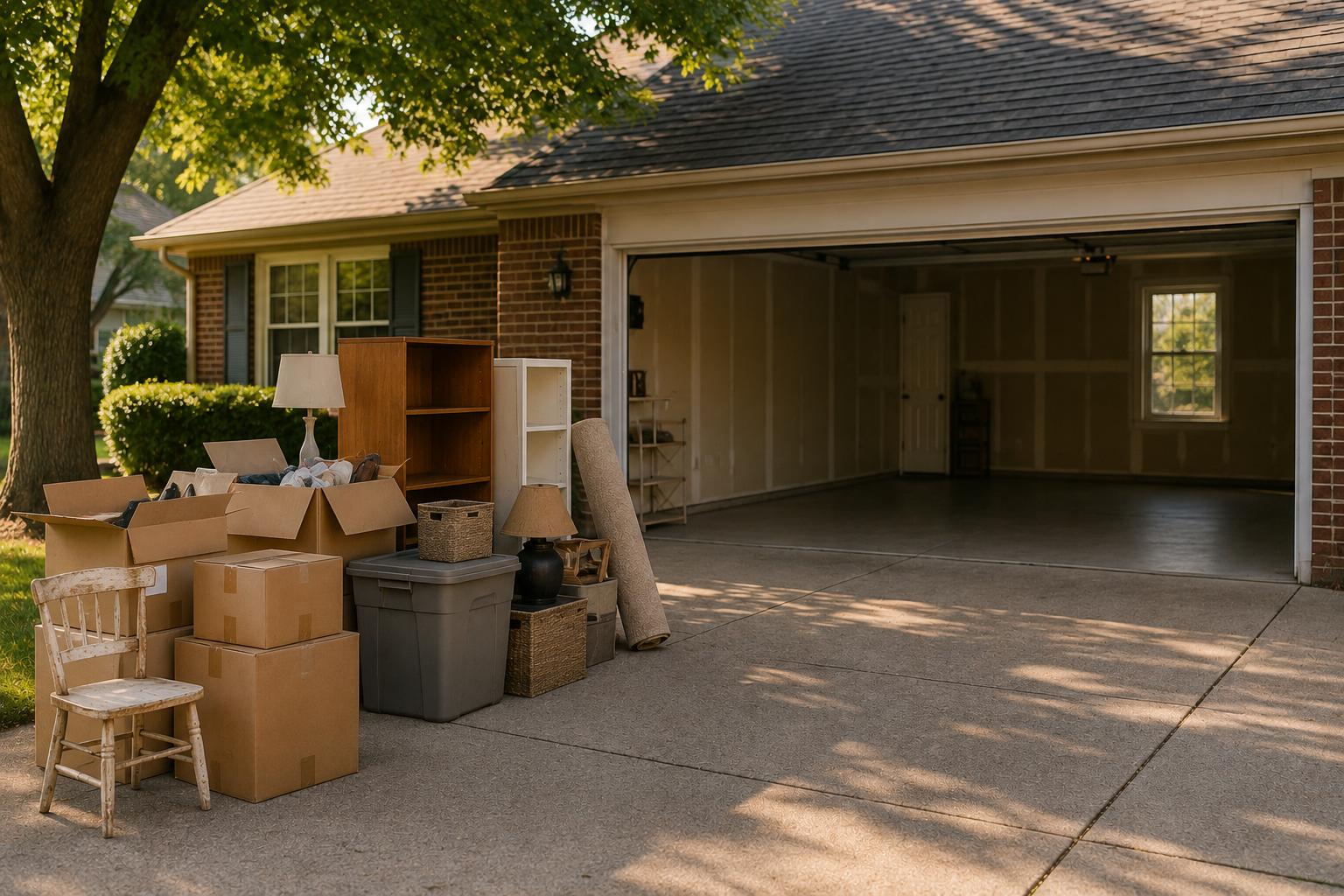 Garage with open door and boxes, lamps, furniture, and household items outside.