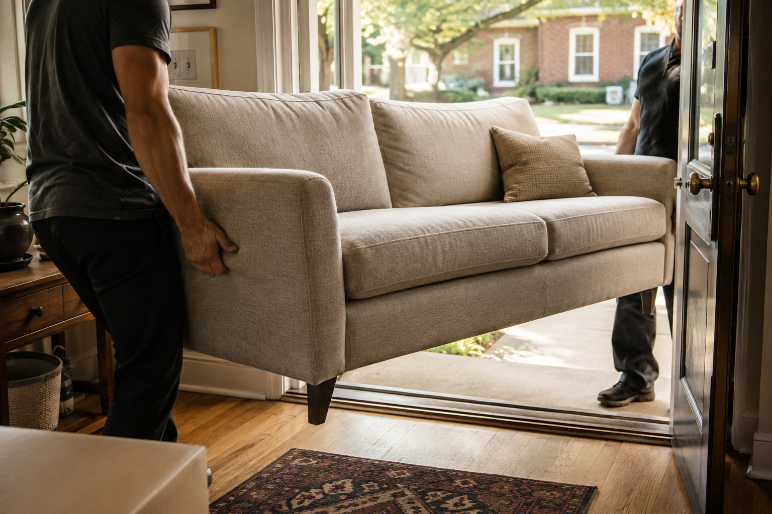 Two people are moving a beige sofa into a house through a doorway, with one person inside and one outside. The sofa has a cushion, and the house has hardwood floors and a window showing a view of trees and houses outside.