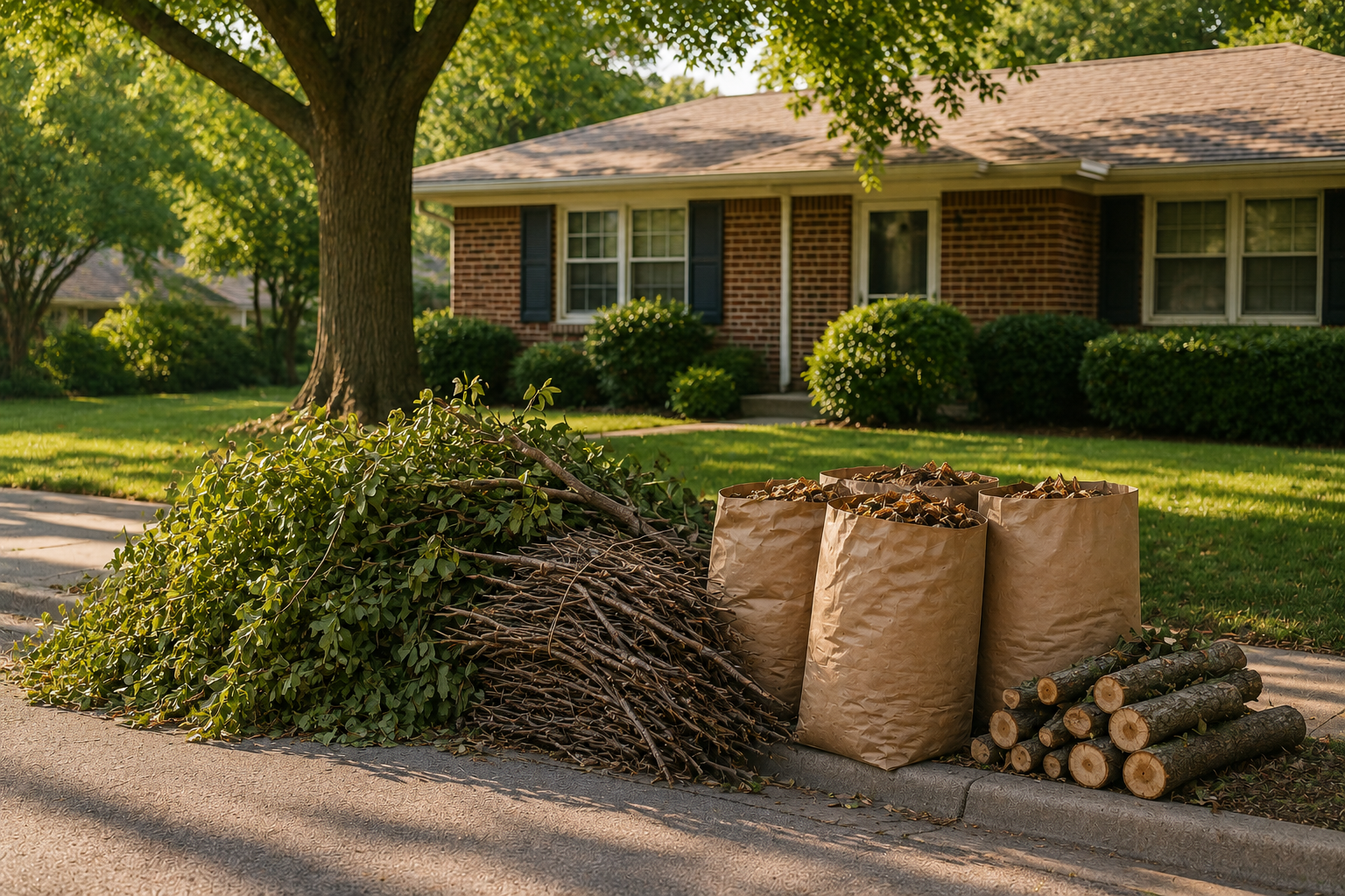 Yard waste collected in paper bags and bundles of firewood on a suburban curbside during daytime
