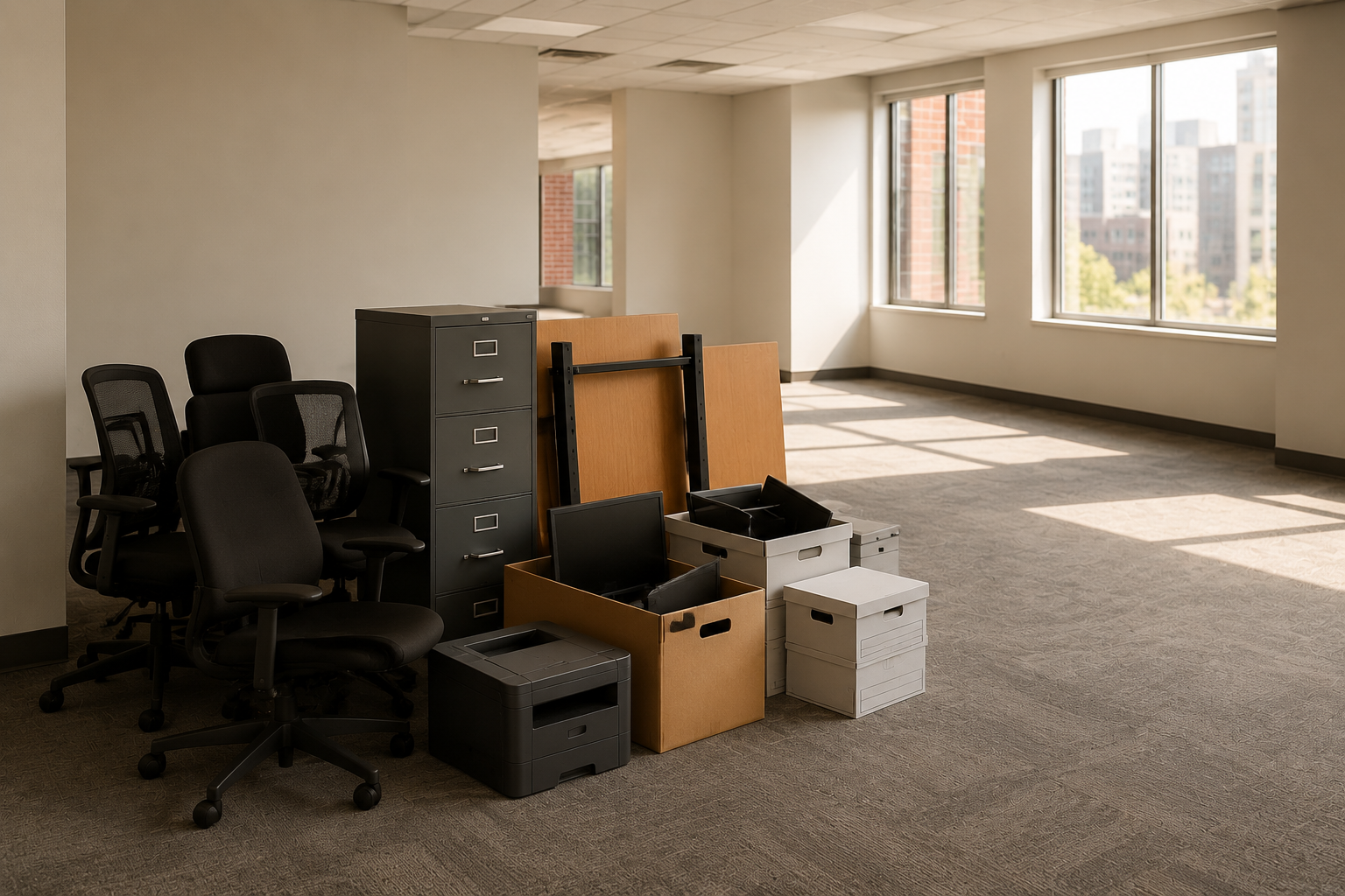 Empty office space with black office chairs, a black filing cabinet, stacked cardboard and plastic storage boxes, and large windows letting in natural light.