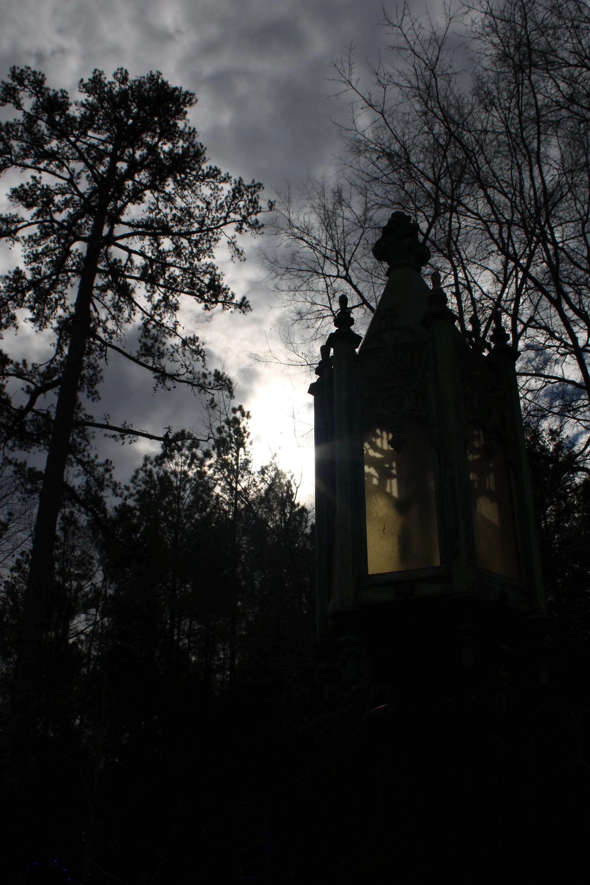 Silhouette of a vintage street lantern against a cloudy, dark sky with leafless trees in the background.