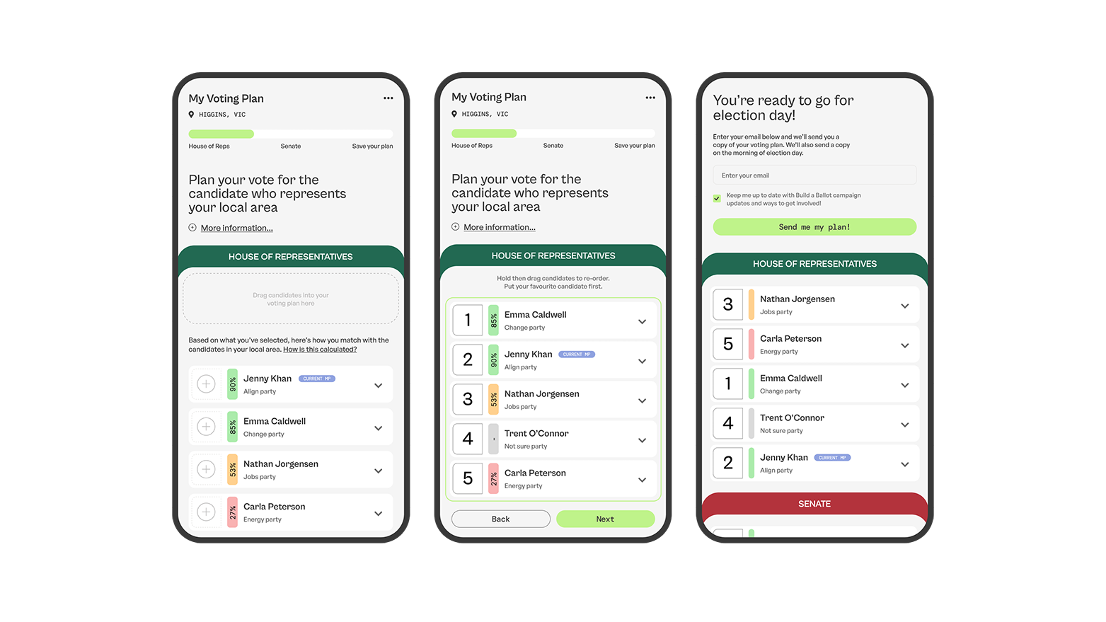 three screen shots from the Build a Ballot app