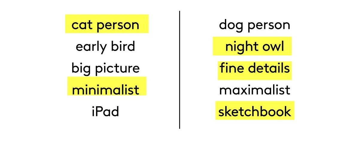 An image with two opposing lists of words telling us a bit about Lizzie. She is a cat person, a night owl and likes fine details