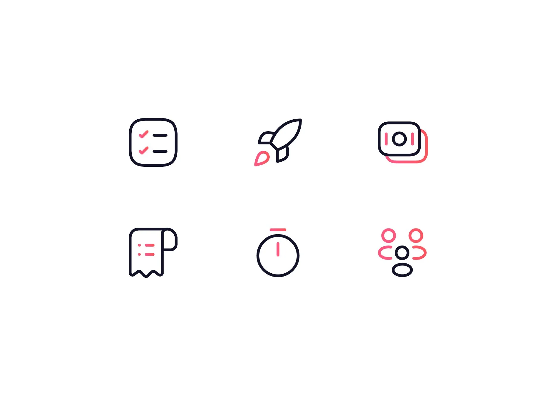 Collection of icons representing productivity tools such as checklists, rockets, cameras, mugs, timers, and user groups.