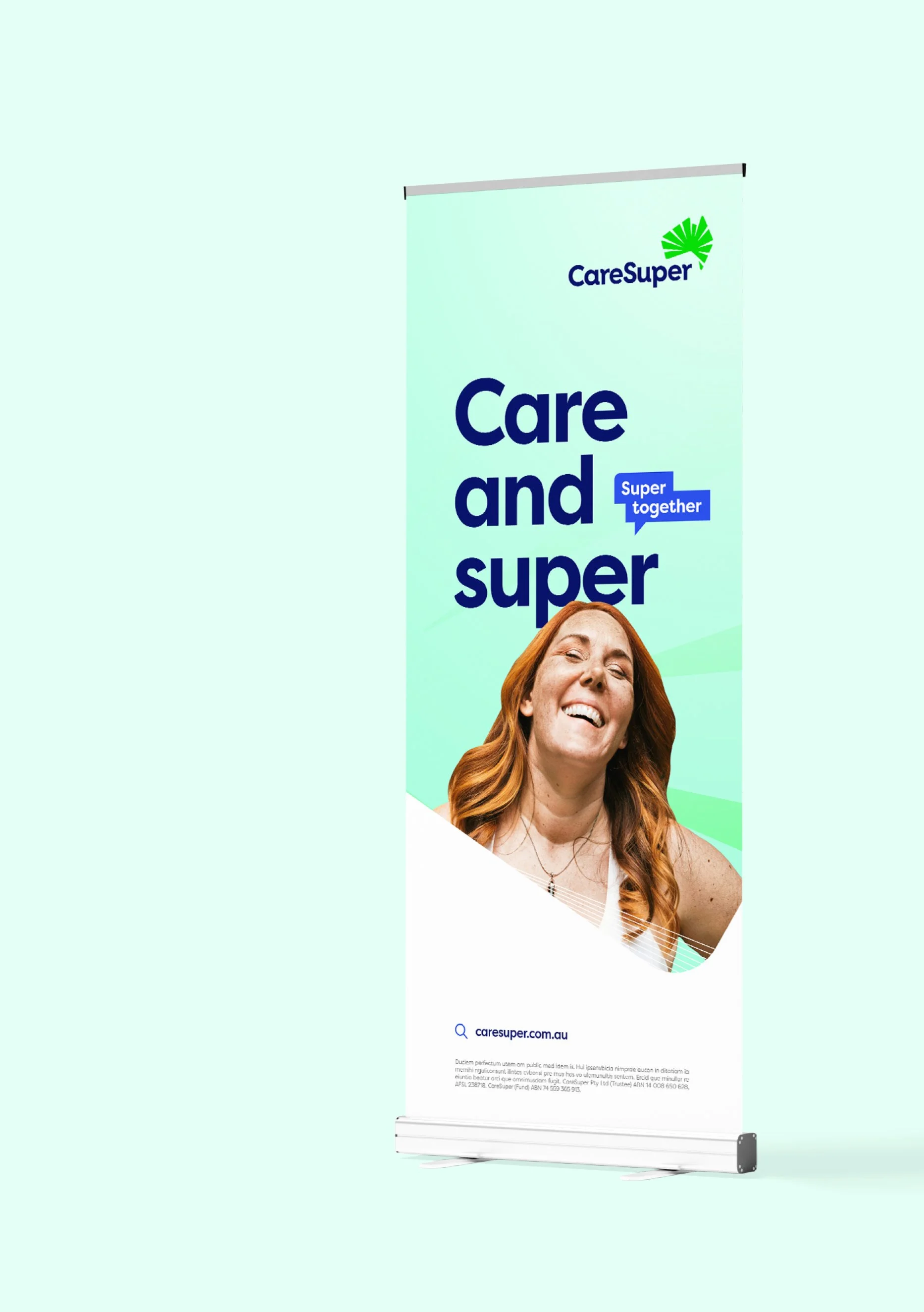 A sample image of a CareSuper branded pull up banner