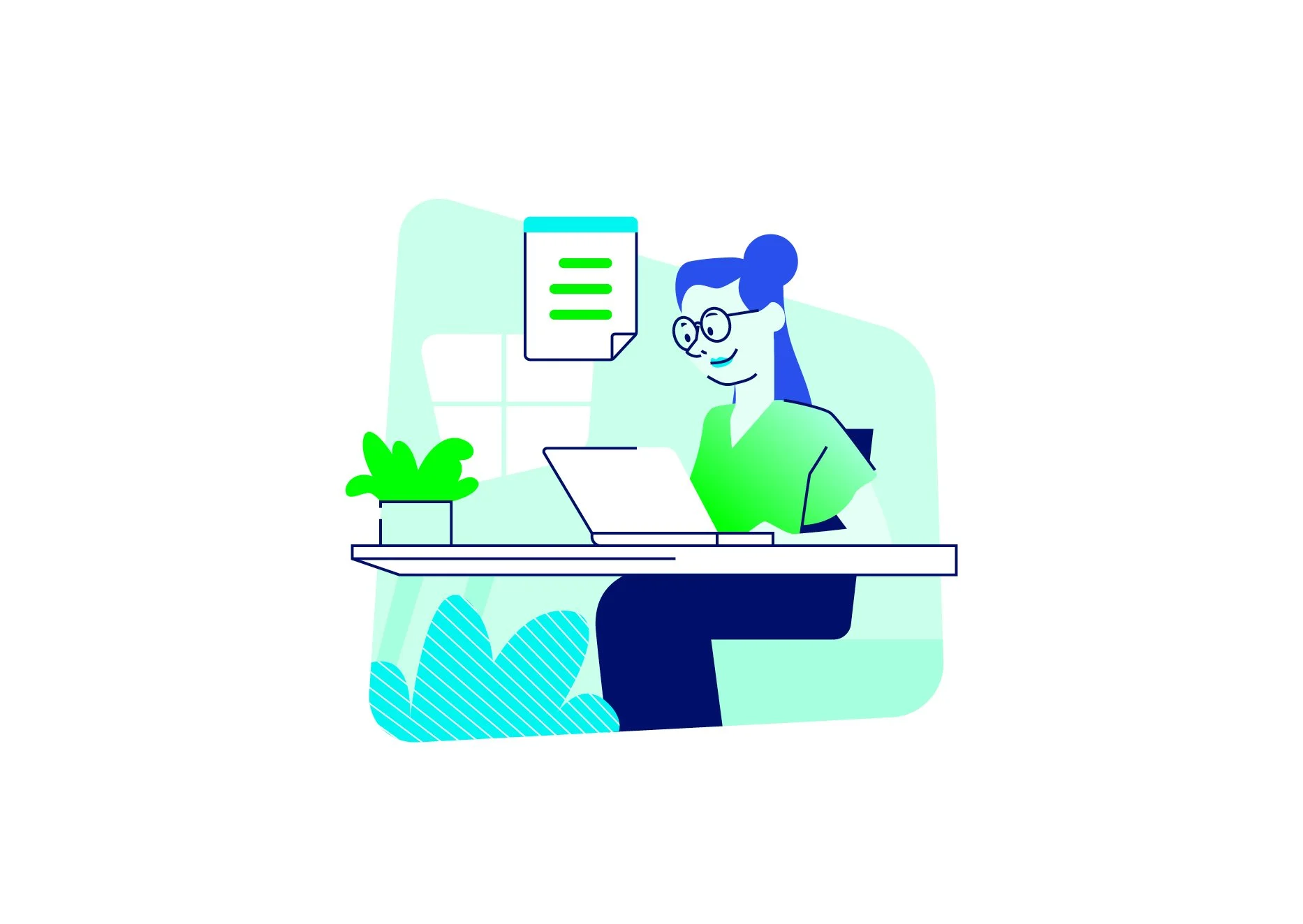 An illustration in CareSuper brand style of a female employee at a desk
