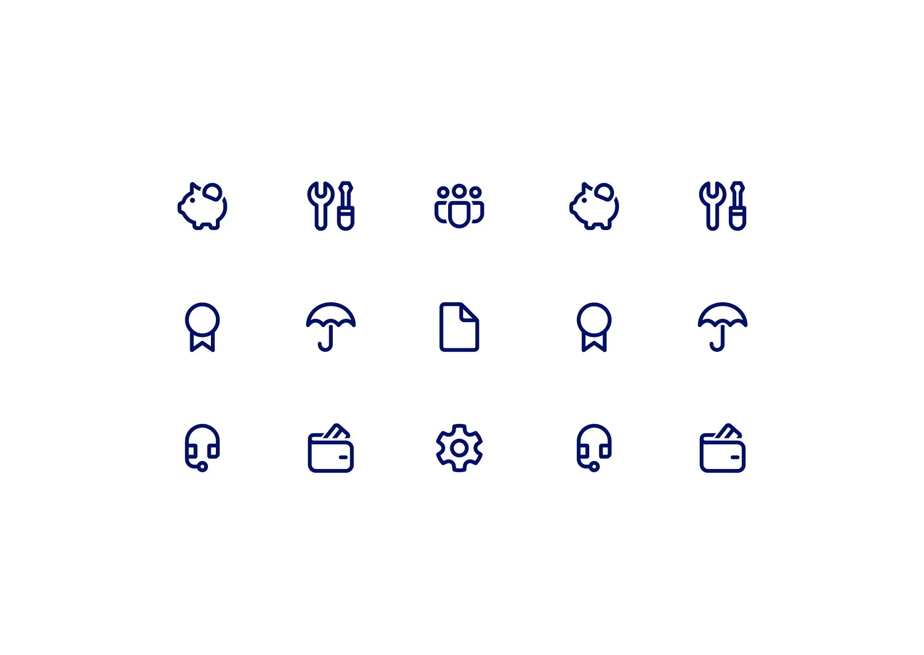 Collection of line icons representing piggy banks, tools, people, awards, umbrellas, documents, headphones, wallets, gear, headssets, and shopping bags, in a grid layout.
