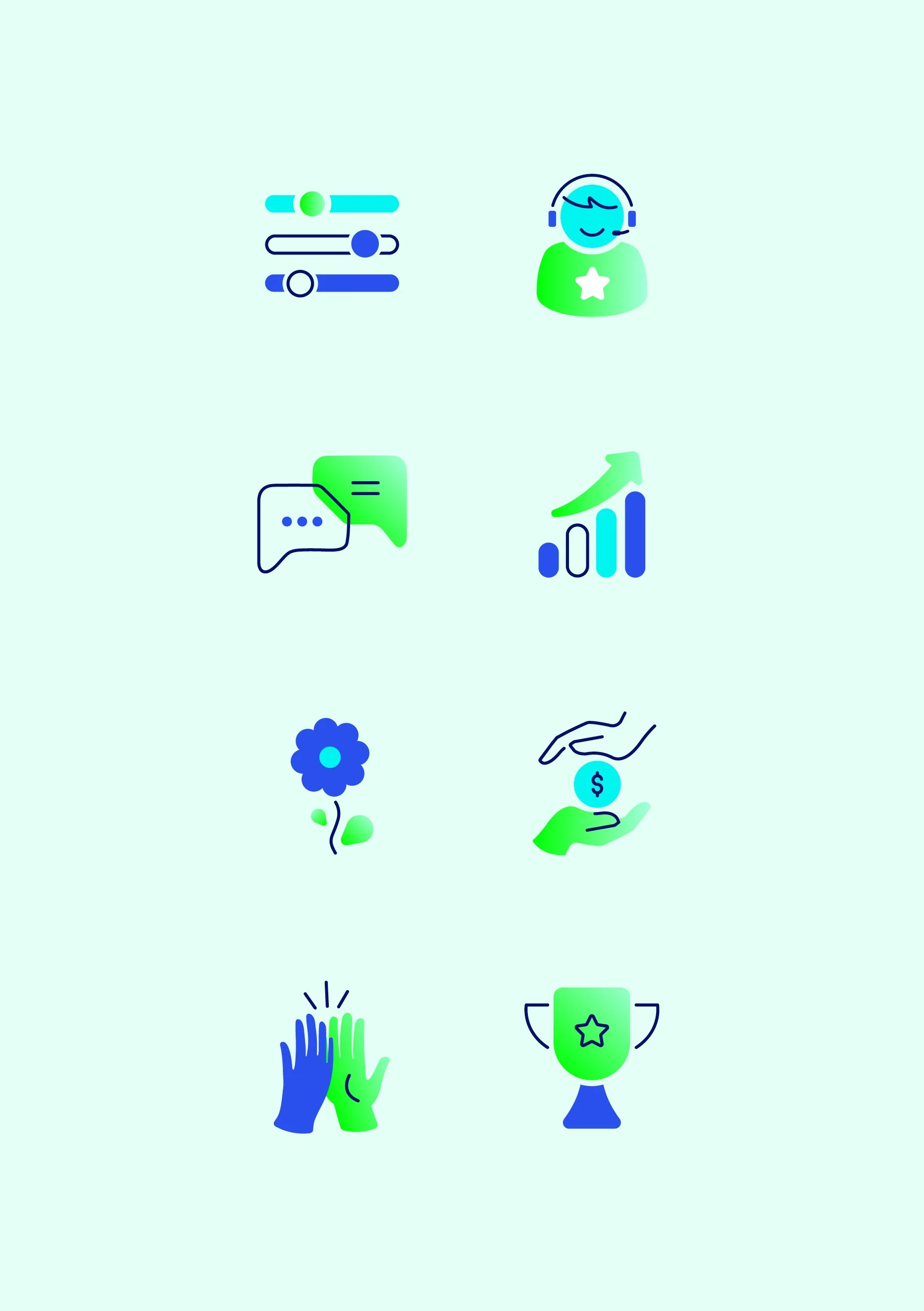 Collection of icons representing virtual support, communication, growth, achievement, teamwork, success, and celebration.