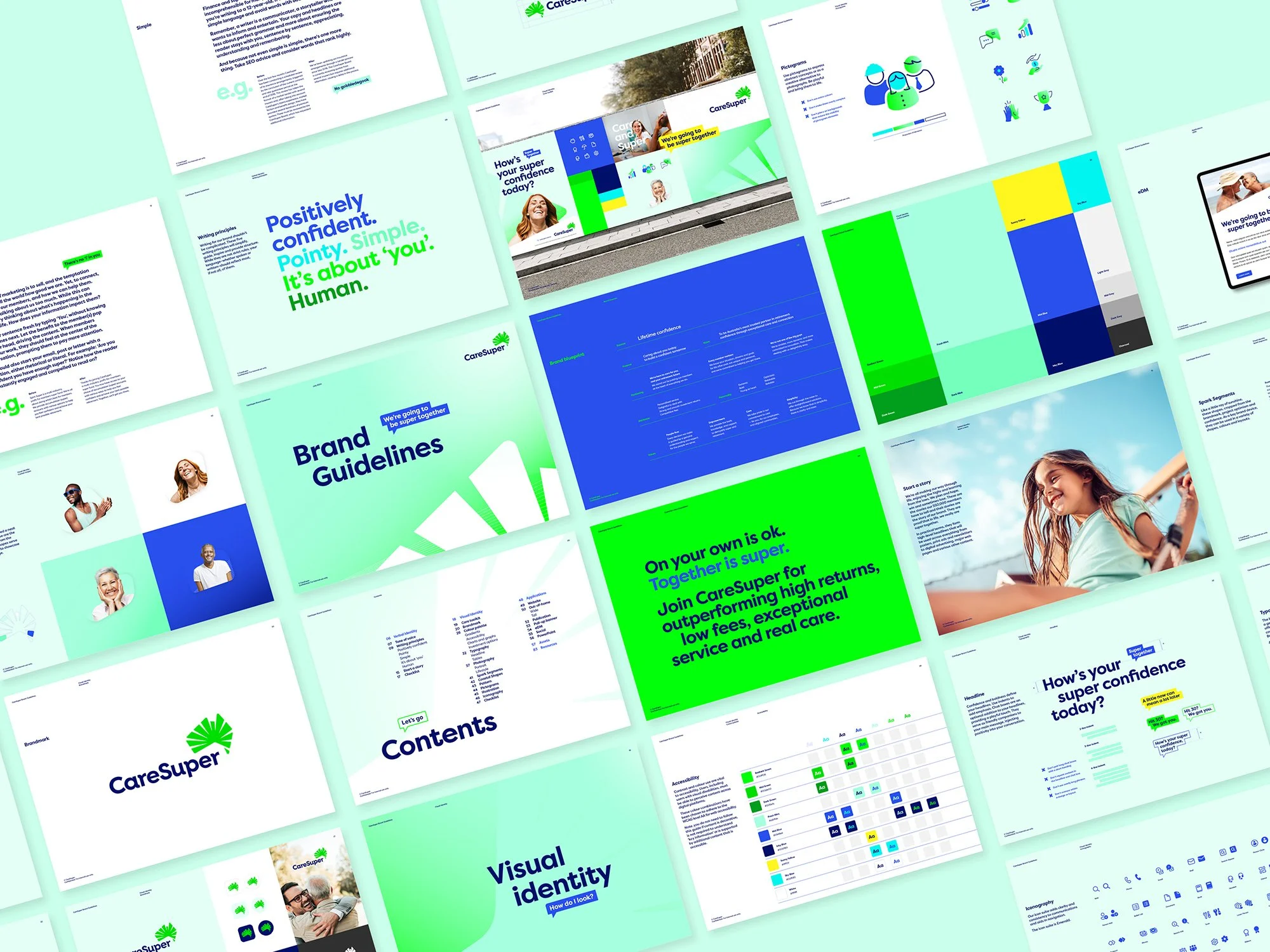 A collage of website pages and branding materials for CareSuper, featuring blue, green, and white color schemes, with text about confidence, human-centered approach, brand guidelines, and visual identity, as well as images of smiling people.