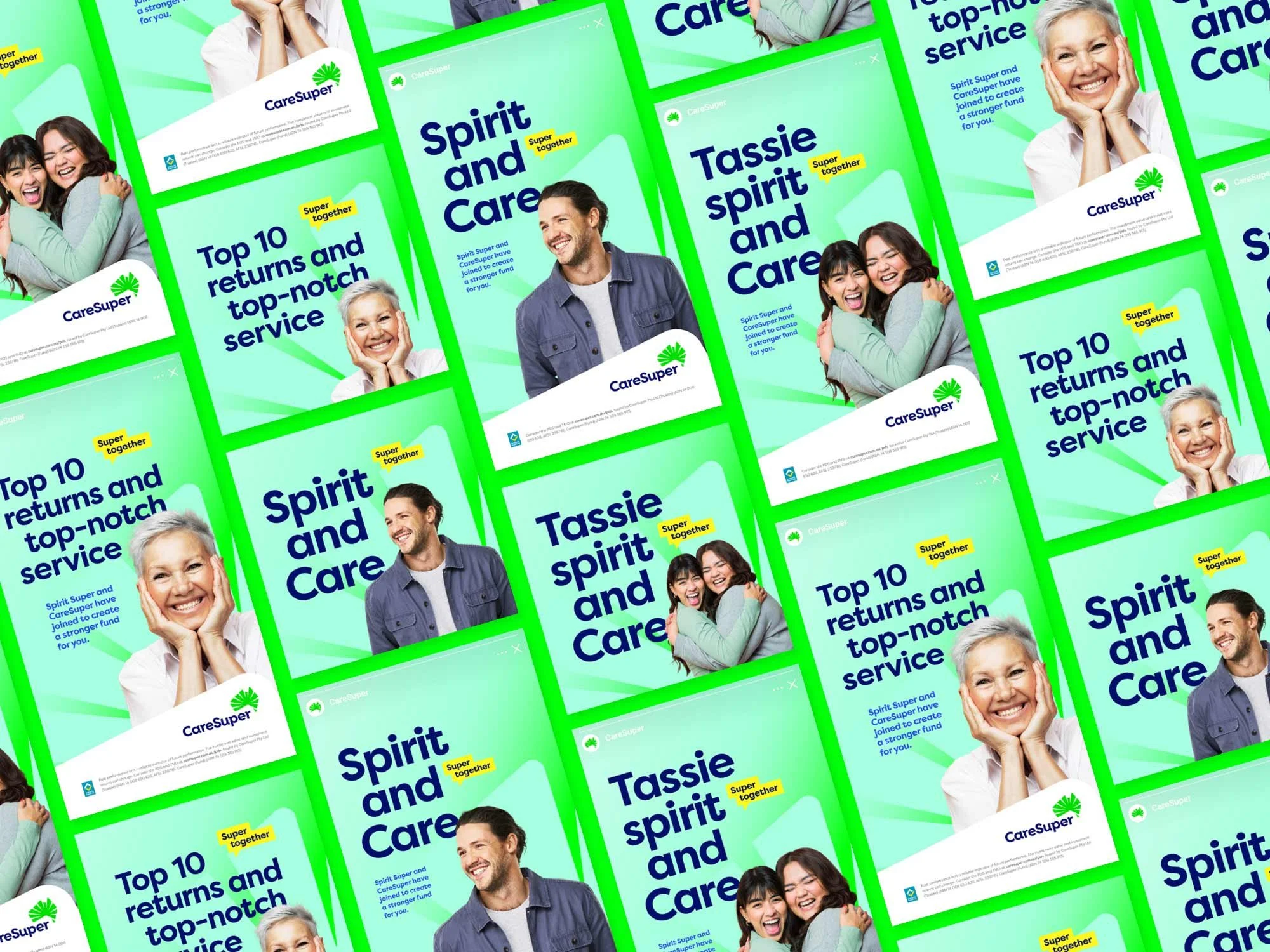 A collage of digital display banners for CareSuper that read 'Spirit and Care'