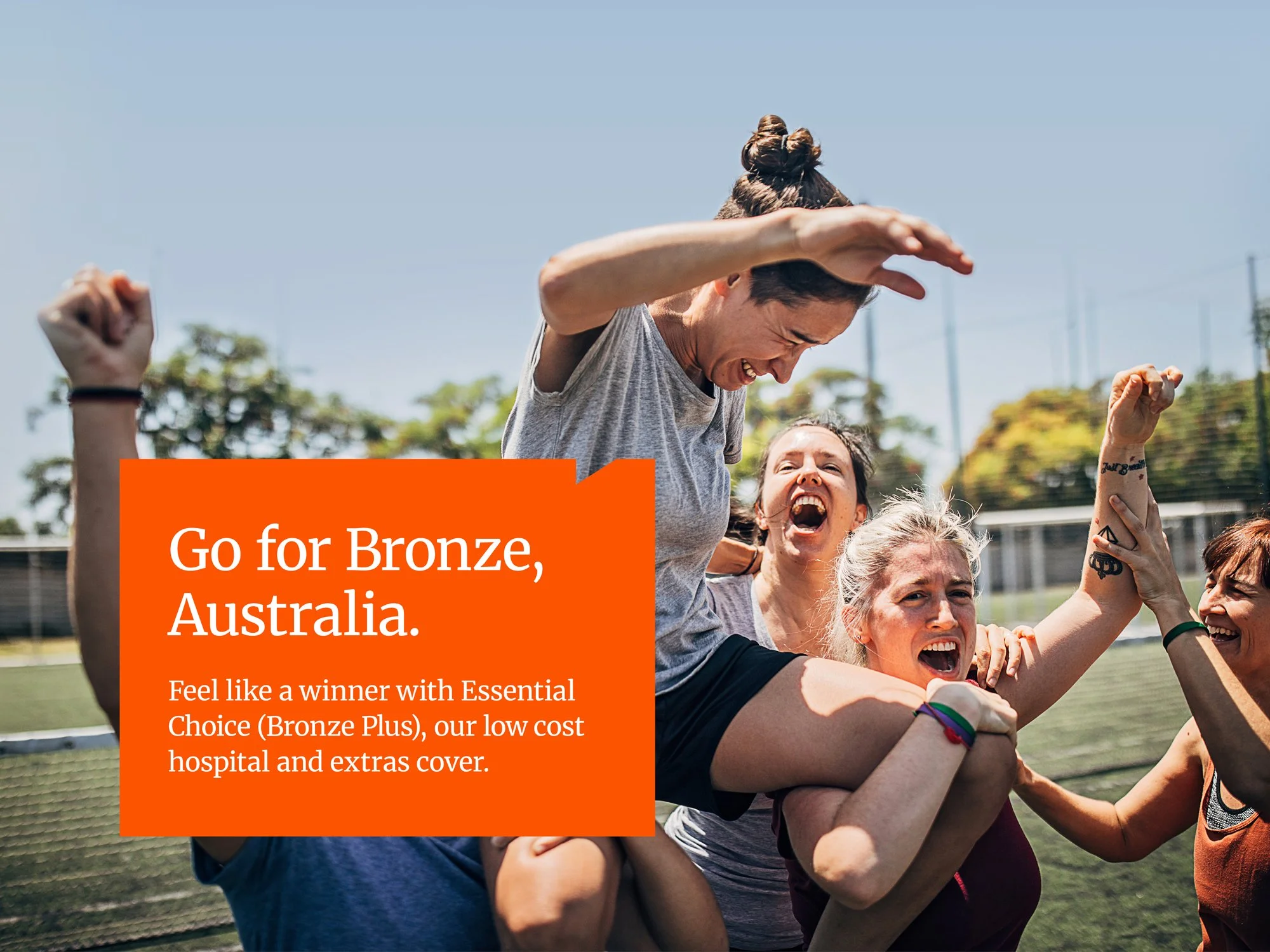 An image of a female sporting team chairing a player from the ground and cheering. The copy reads 'Go for Bronze, Australia'.