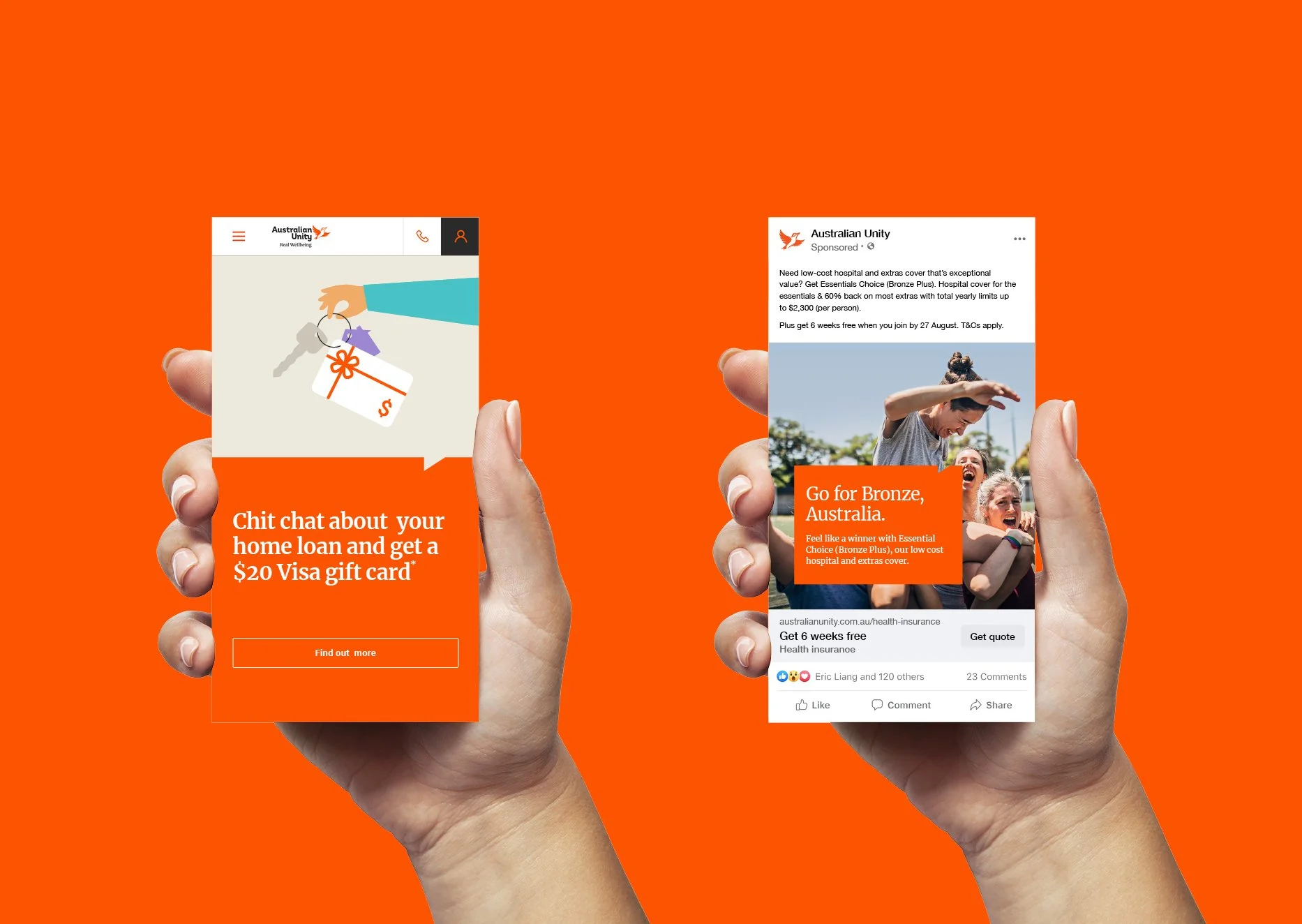 An image of an Australian Unity campaign landing page shown on a mobile and an image of a social post posted by Australian Unity shown on a mobile