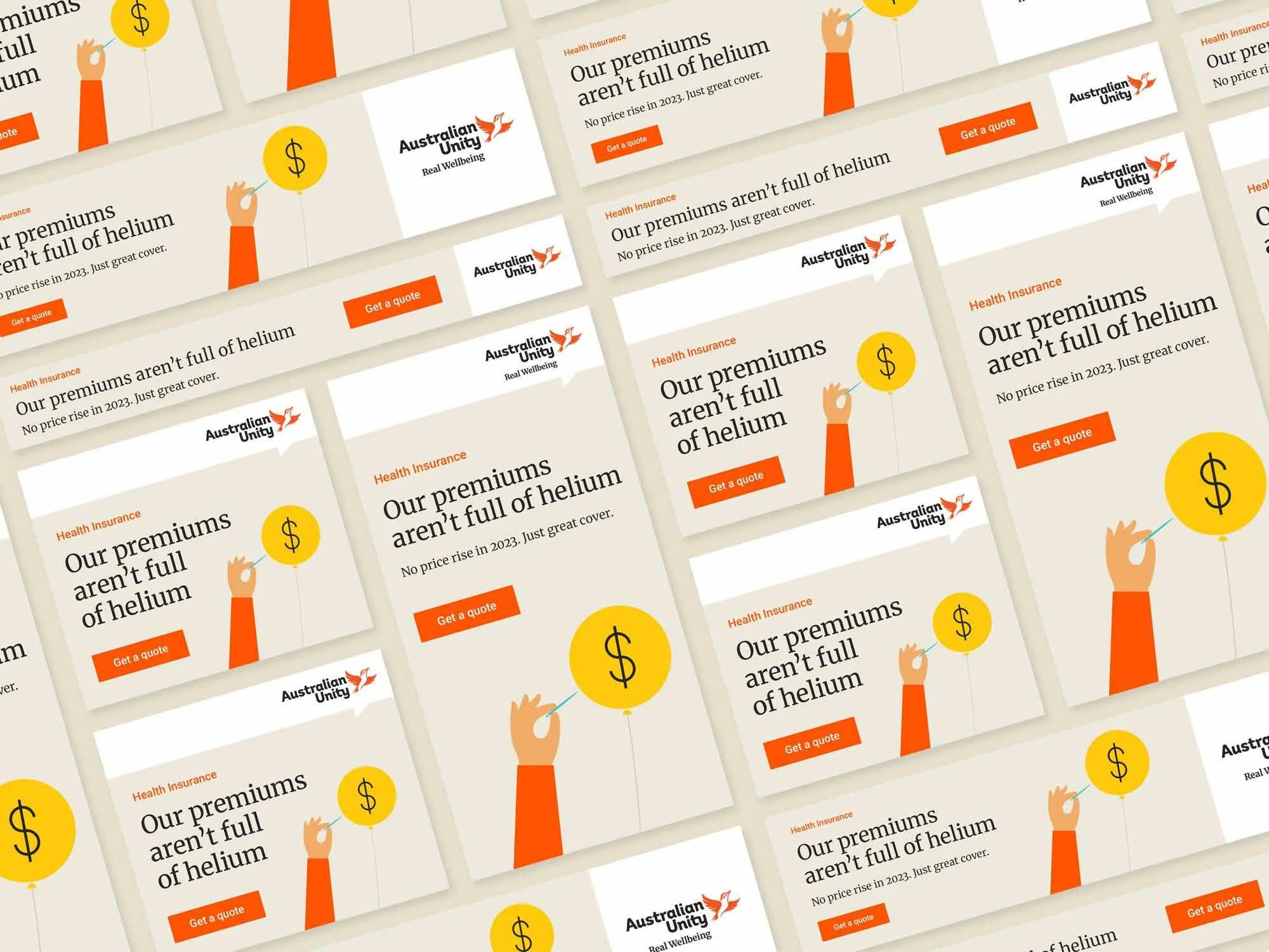 A collage image of digital banner ads for Australian Unity that read "Our premiums aren't full of premium"
