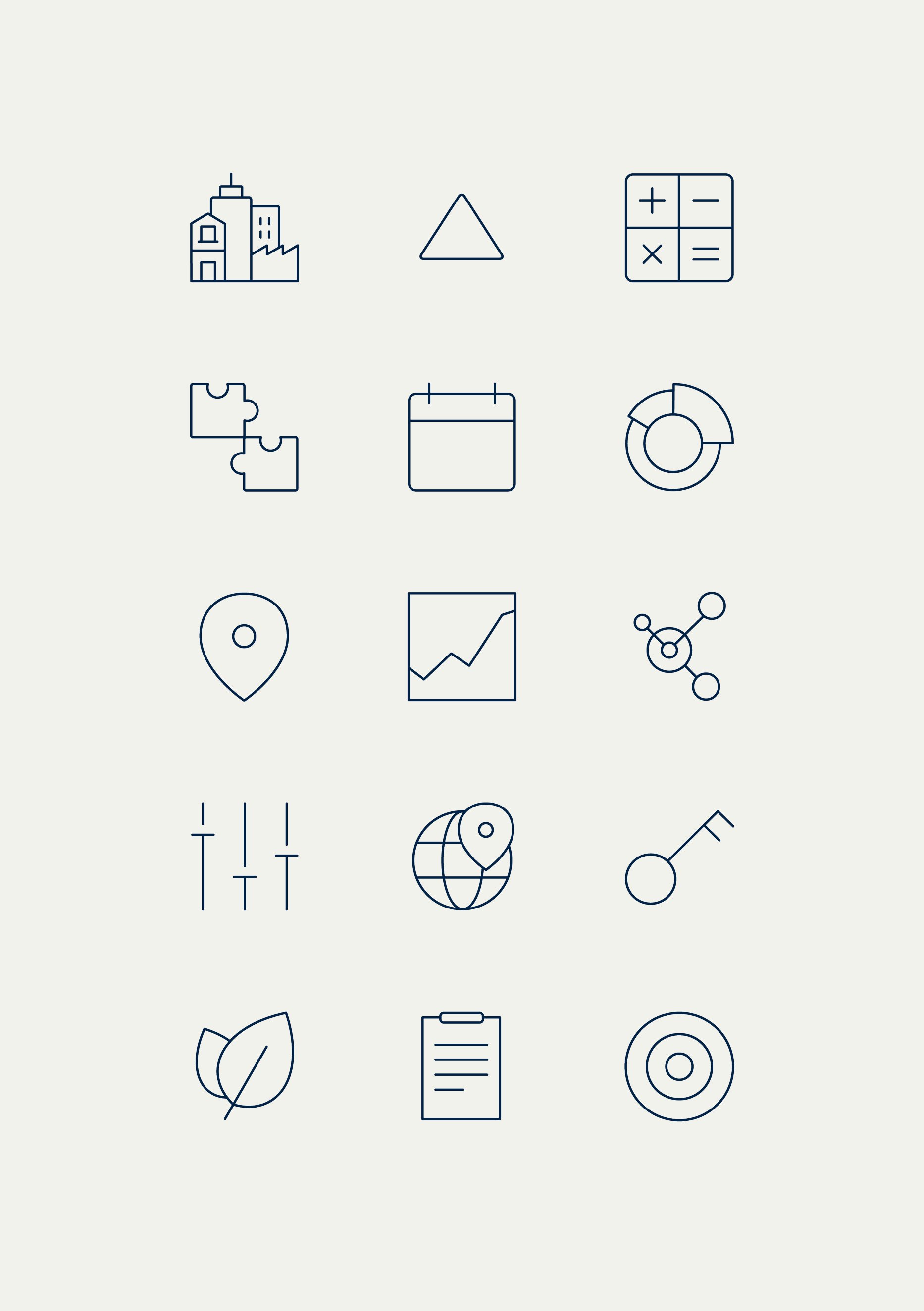 Collection of line icons representing business, analytics, and data concepts including buildings, a triangle, calculator, puzzle pieces, calendar, pie chart, location pin, graph, network, leaf, clipboard, bullseye, sliders, globe, and target symbols.