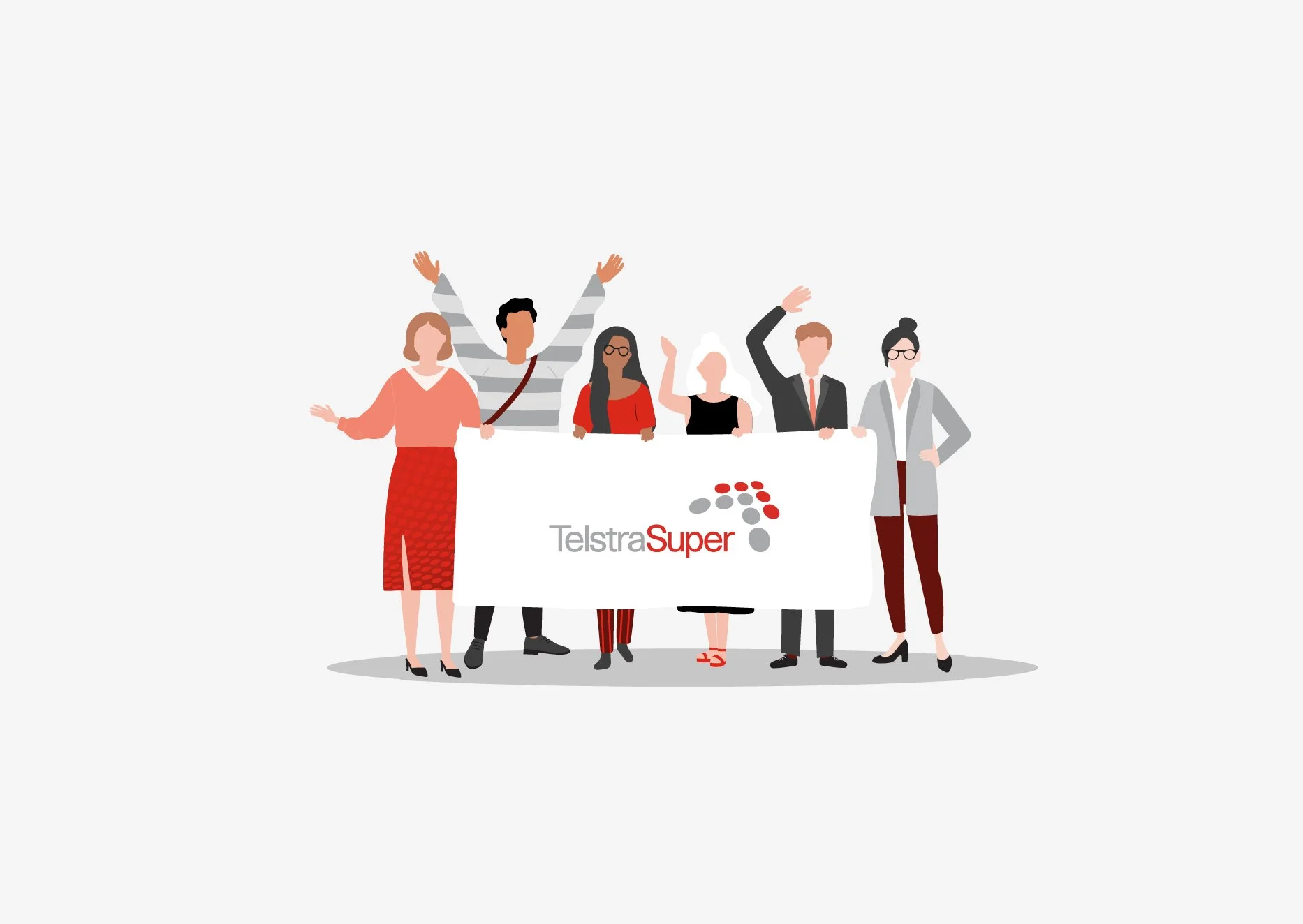 Illustration of diverse people holding a banner with the Telstra Super logo, celebrating unity and teamwork.