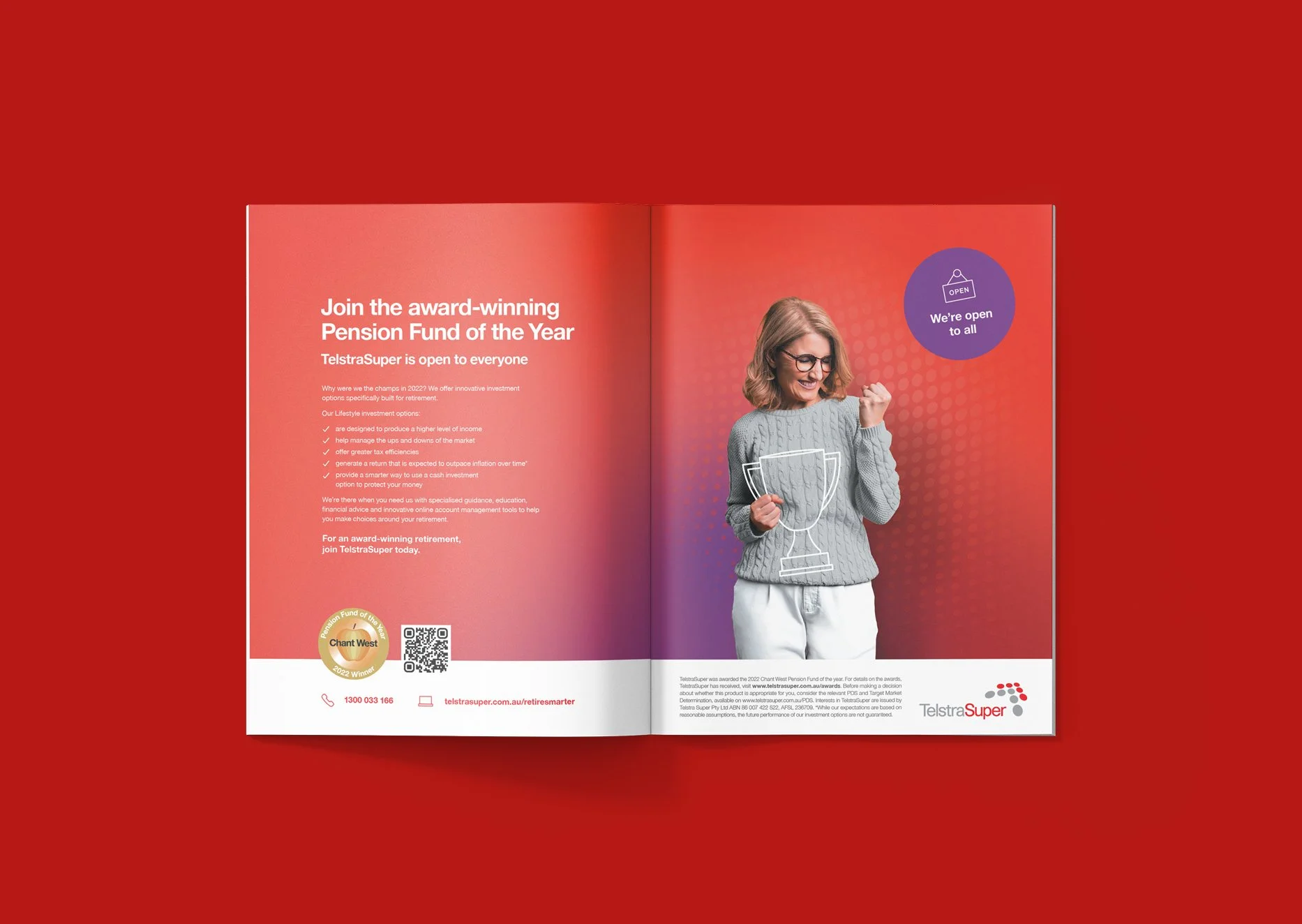 An internal magazine spread showing TelstraSuper as an award winner