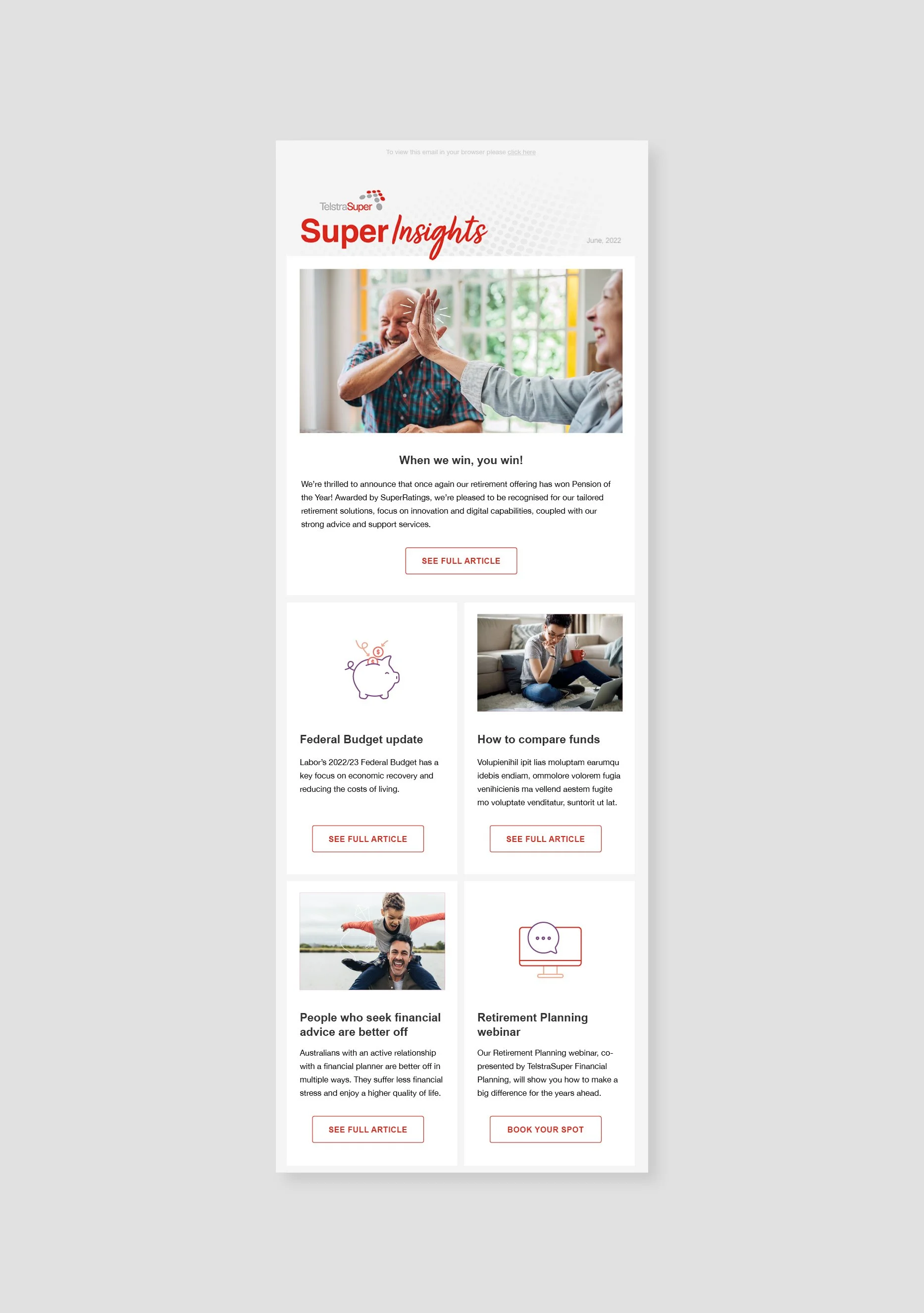Email newsletter titled 'Super Insights' with a header logo, a photo of two seniors high-fiving, and articles about federal budget updates, financial advice, and retirement planning.