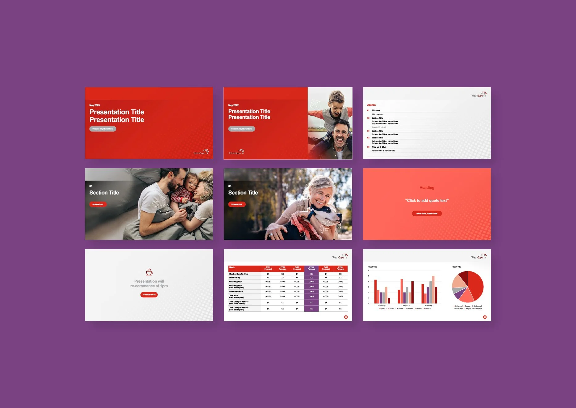 Screenshots of a presentation template with slides including titles, images of people, graphs, charts, and placeholder text, all set against a purple background.