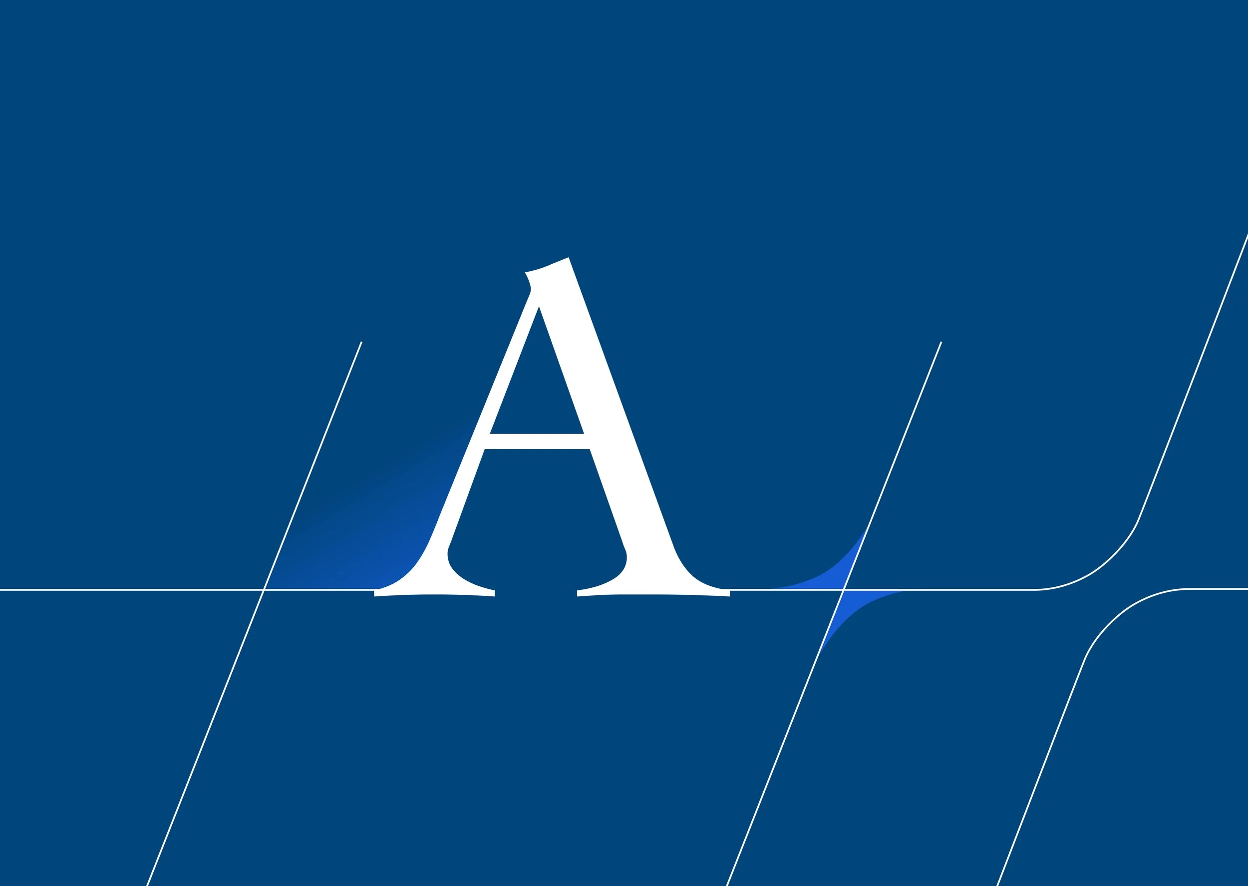 Stylized blue background with a white letter A in the center and curved lines around it.