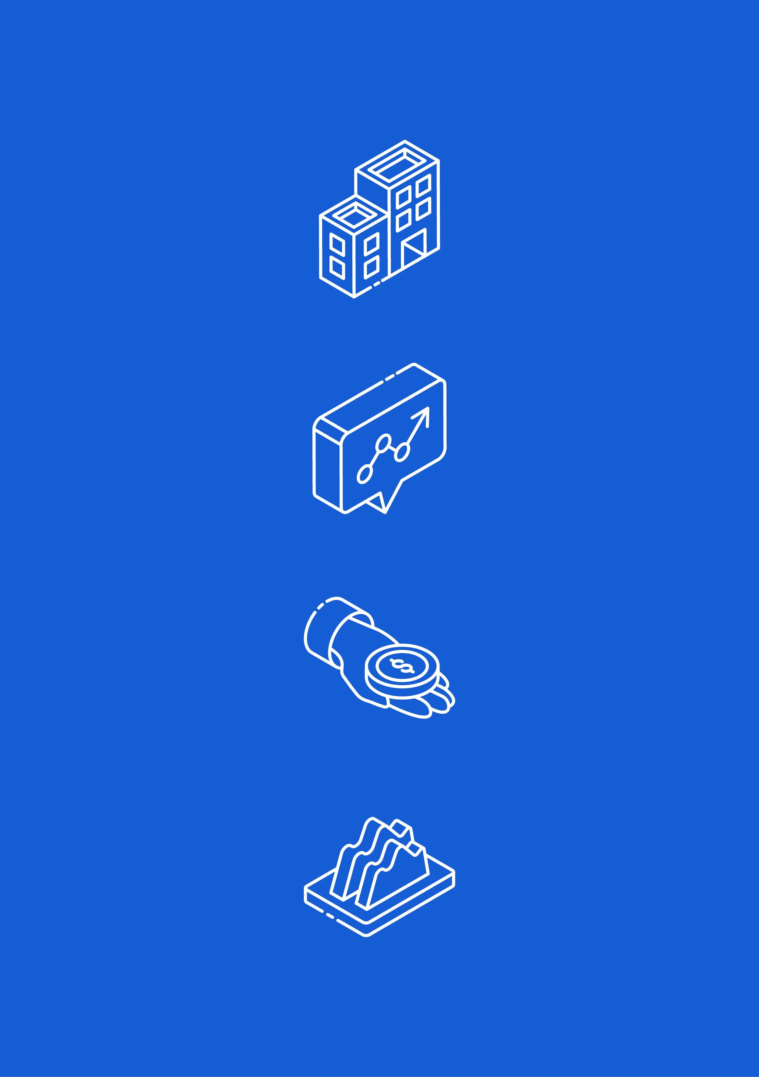 Series of icons on a blue background depicting business and financial concepts, including buildings, a line graph chart, a hand holding coins, and a mountain graph.
